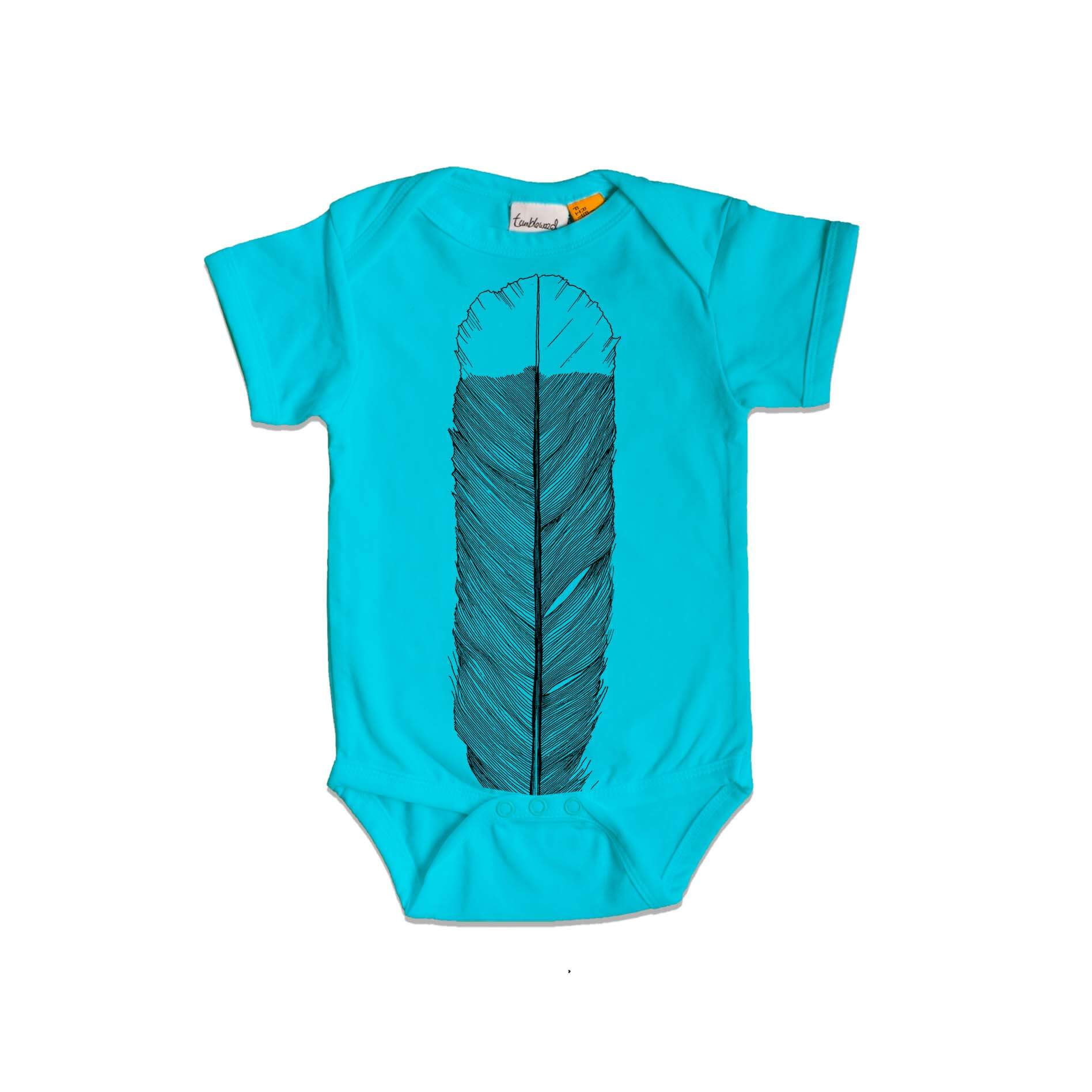Short sleeved, blue, organic cotton, baby onesie featuring a screen printed Huia Feather design.
 design.
