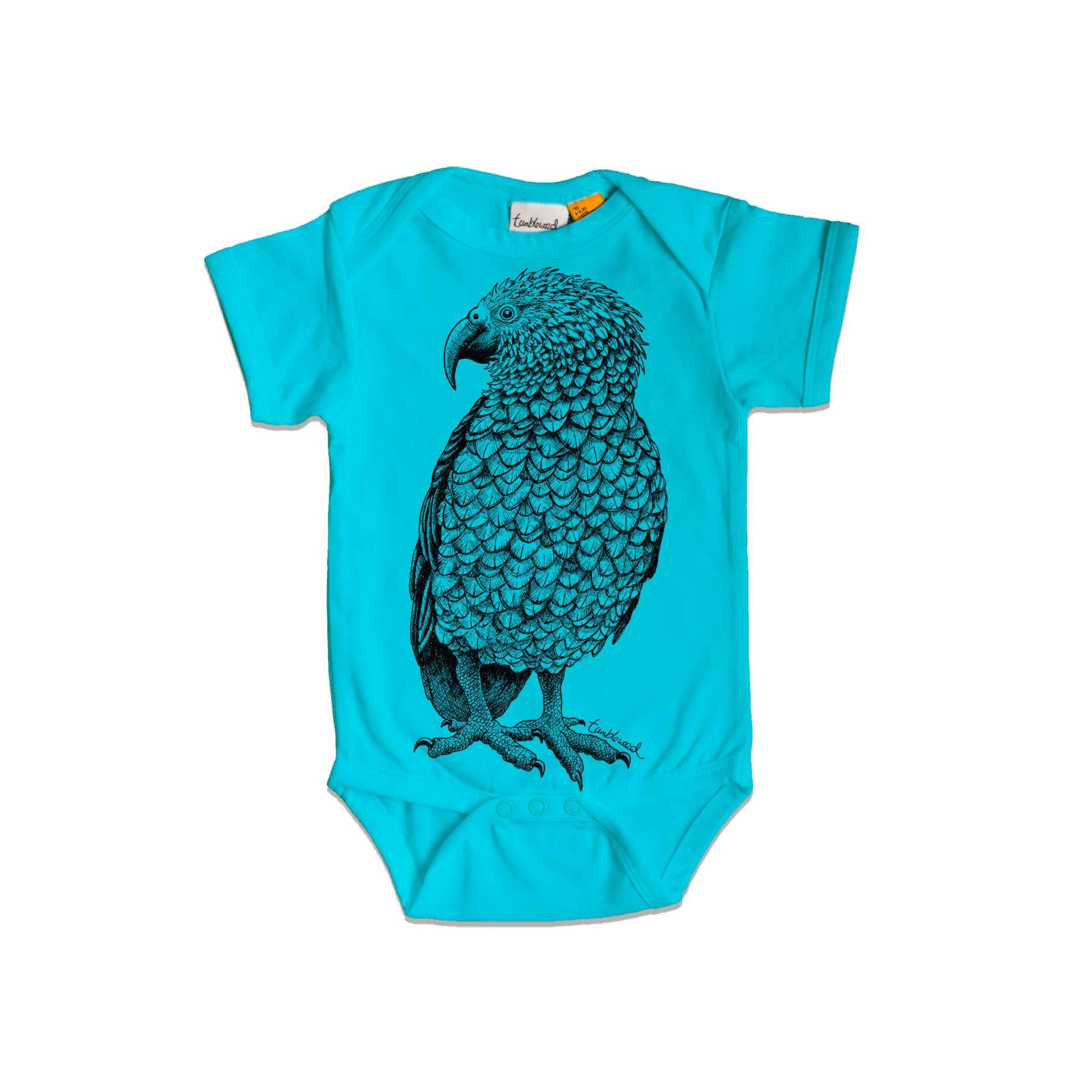 Short sleeved, blue, organic cotton, baby onesie featuring a screen printed Kea design.
 design.