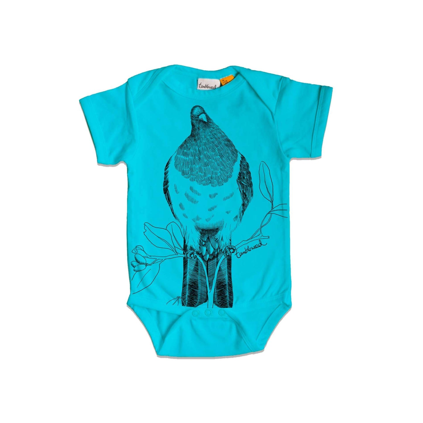 Short sleeved, blue, organic cotton, baby onesie featuring a screen printed Kereru design.