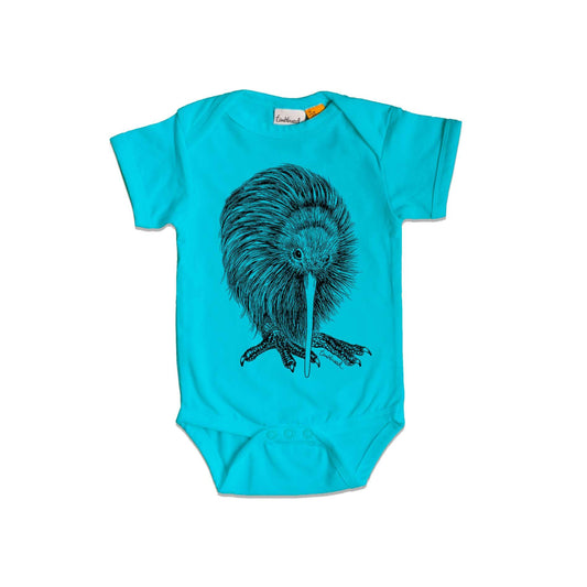 Short sleeved, blue, organic cotton, baby onesie featuring a screen printed Kiwi design.
 design.