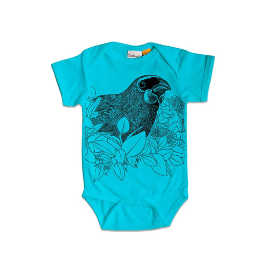 Short sleeved, blue, organic cotton, baby onesie featuring a screen printed Kokako design.
 design.