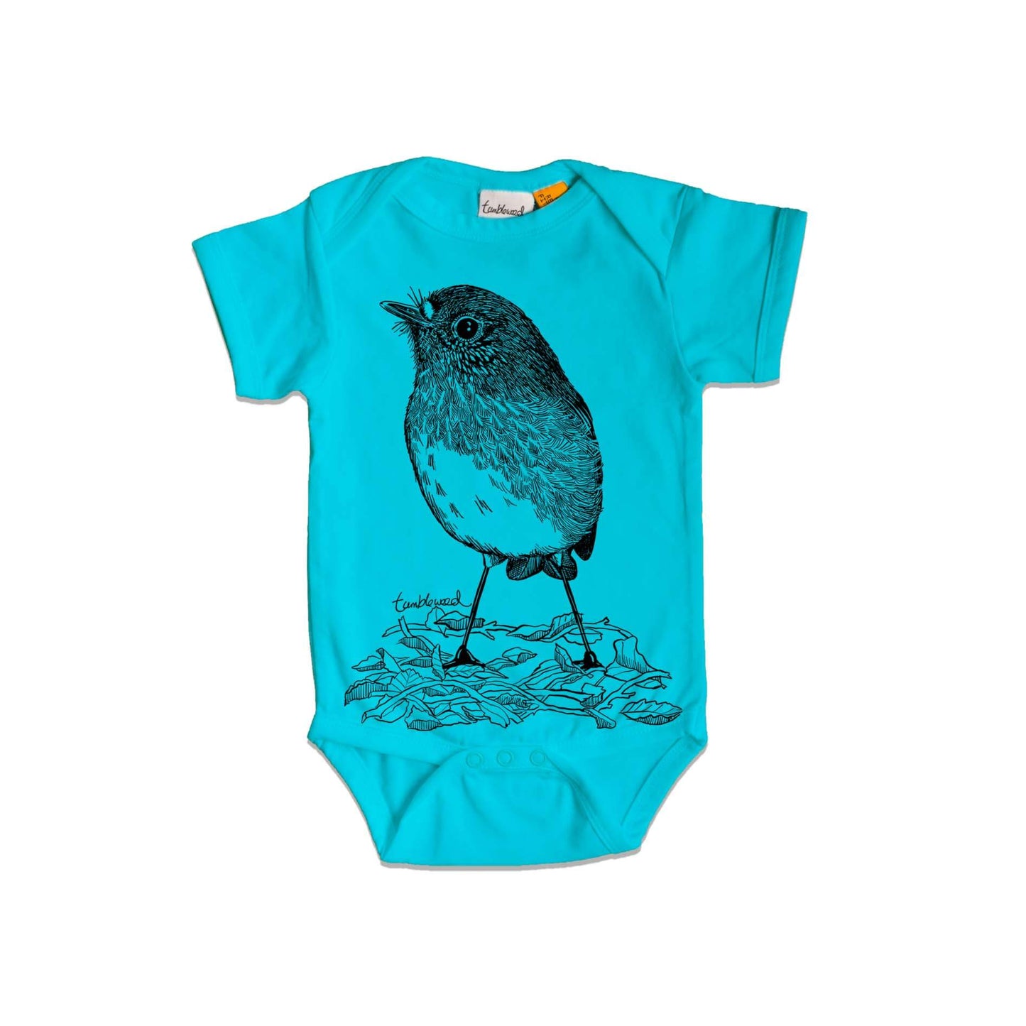 Short sleeved, blue, organic cotton, baby onesie featuring a screen printed North Island Robin design.
 design.
