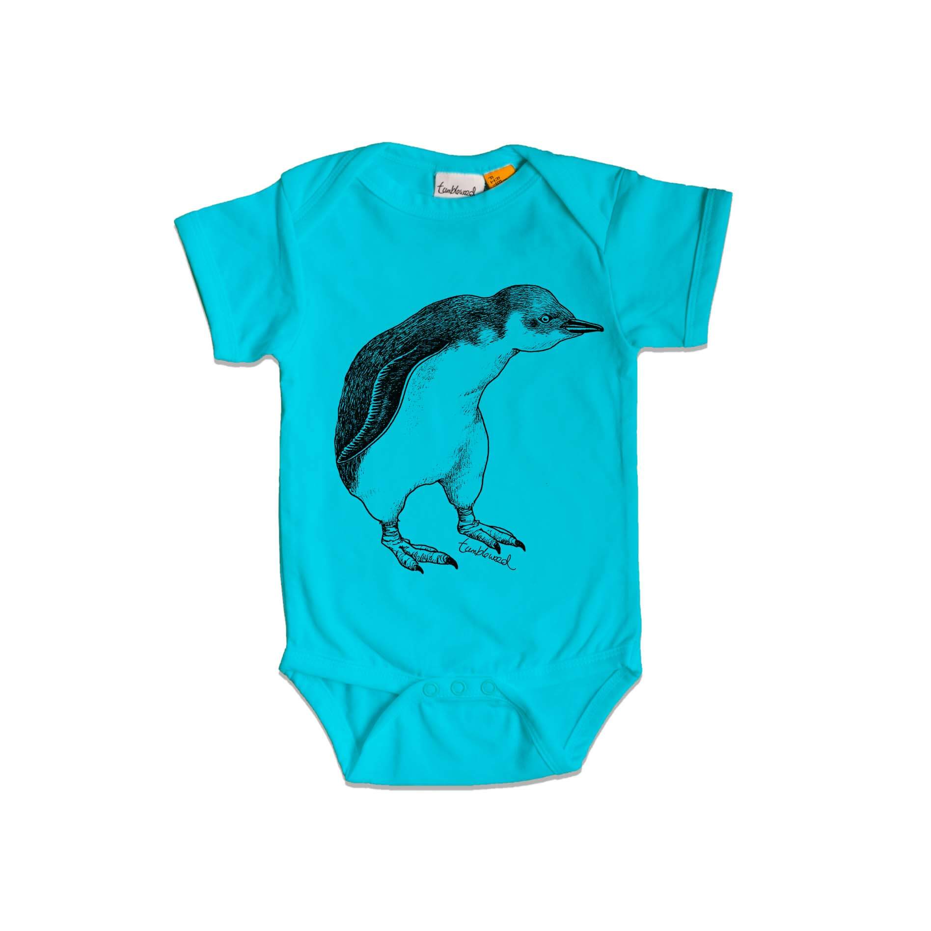 Short sleeved, blue, organic cotton, baby onesie featuring a screen printed Little Blue Penguin design.
 design.