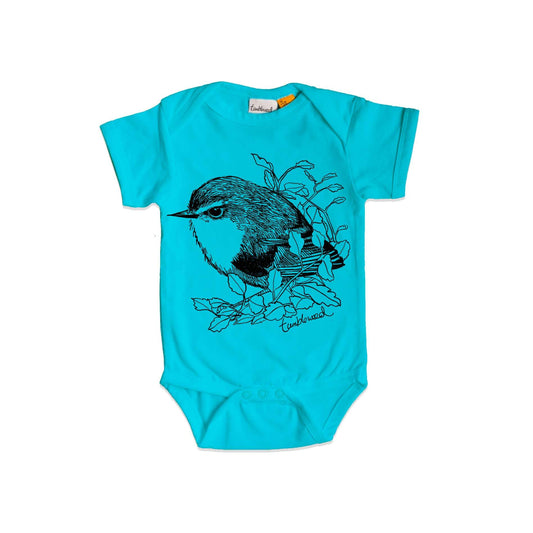 Short sleeved, blue, organic cotton, baby onesie featuring a screen printed titipounamu/rifleman design.
 design.