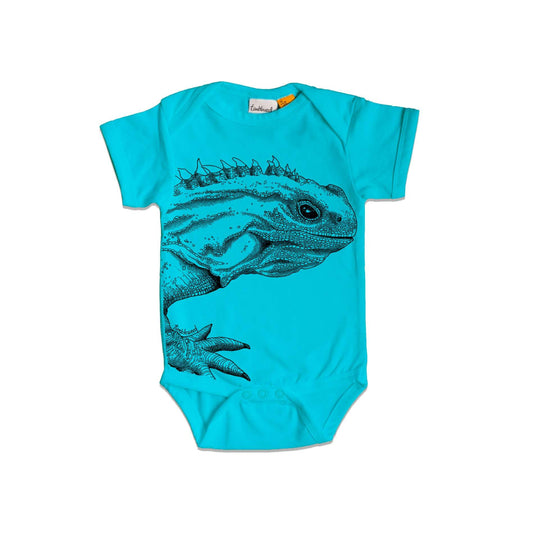 Short sleeved, blue, organic cotton, baby onesie featuring a screen printed Tuatara design.
 design.