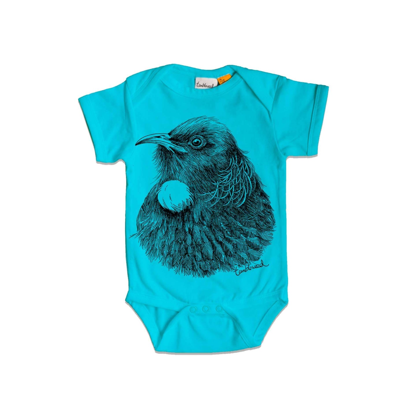 Short sleeved, blue, organic cotton, baby onesie featuring a screen printed Tui design.