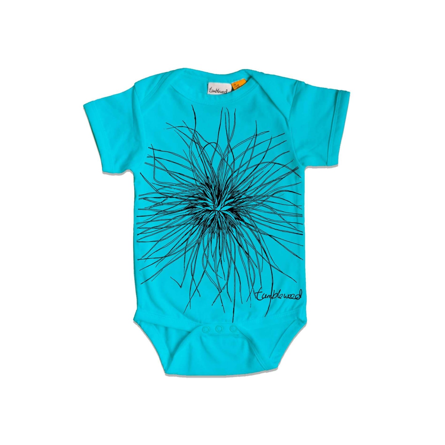 Short sleeved, blue, organic cotton, baby onesie featuring a screen printed Tumbleweed/Spinifex design.
 design.