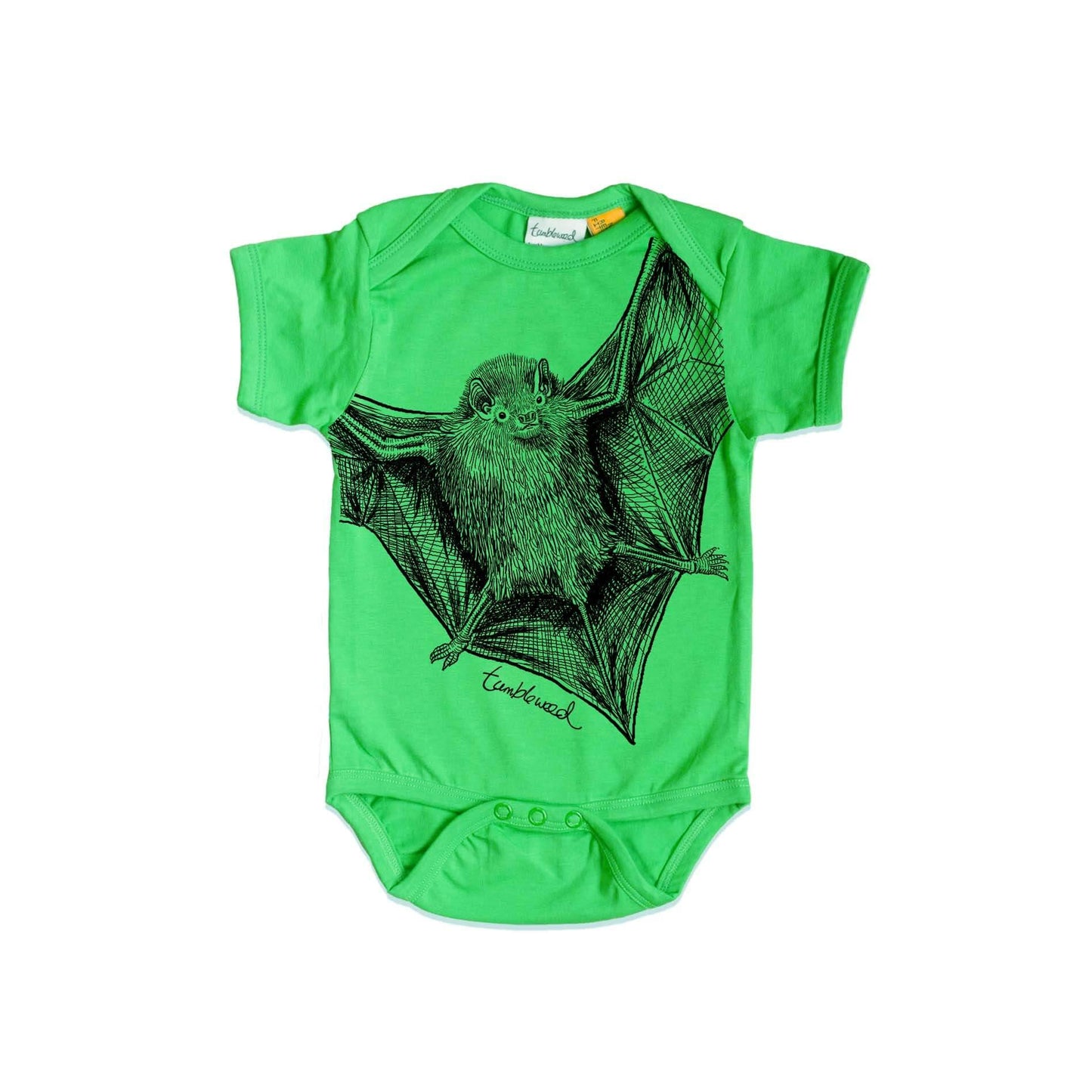 Short sleeved, green, organic cotton, baby onesie featuring a screen printed bat/pekapeka design.
 design.