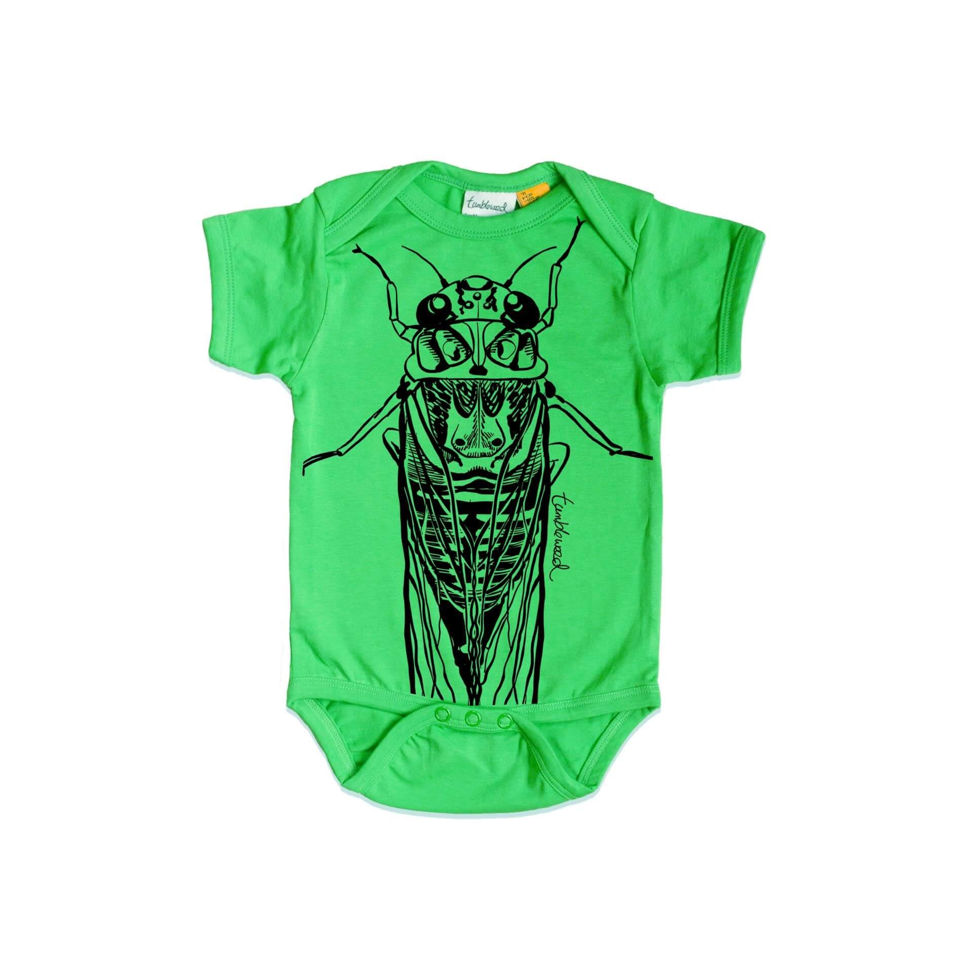 Short sleeved, green, organic cotton, baby onesie featuring a screen printed Cicada design.
 design.