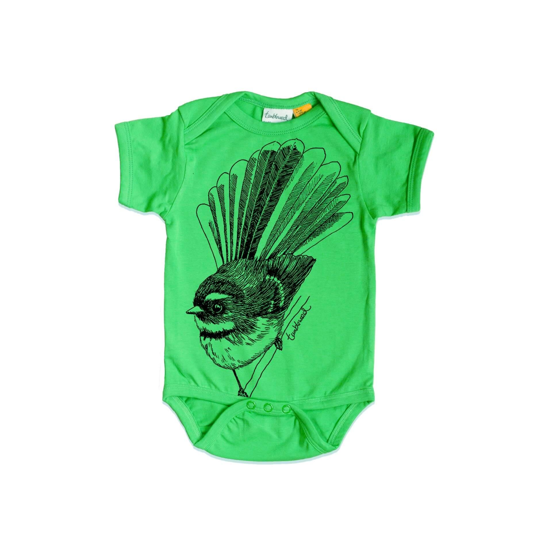 Short sleeved, green, organic cotton, baby onesie featuring a screen printed Fantail/Pīwakawaka design.
 design.