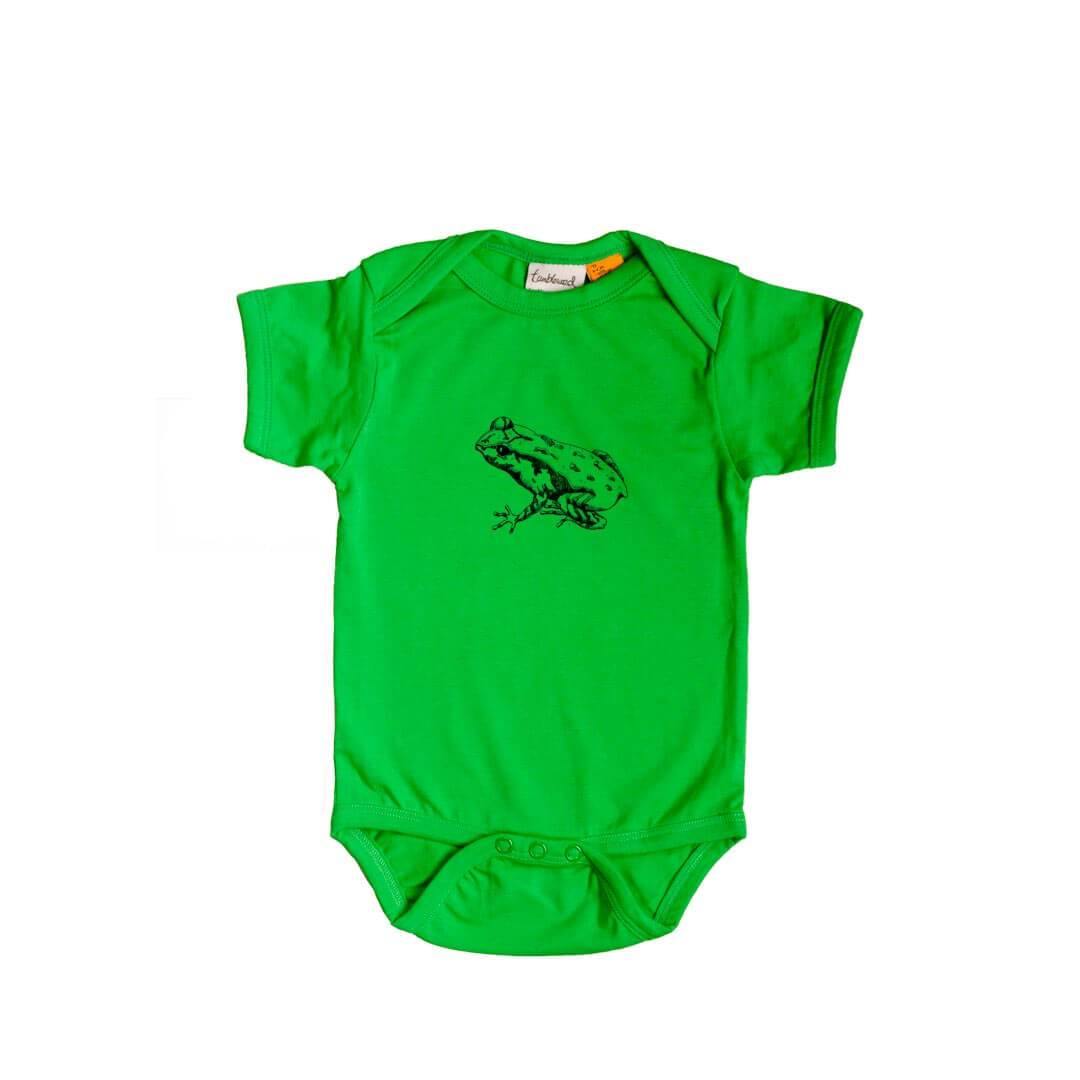 Short sleeved, yellow, organic cotton, baby onesie featuring a screen printed Archey's Frog design.
 design.