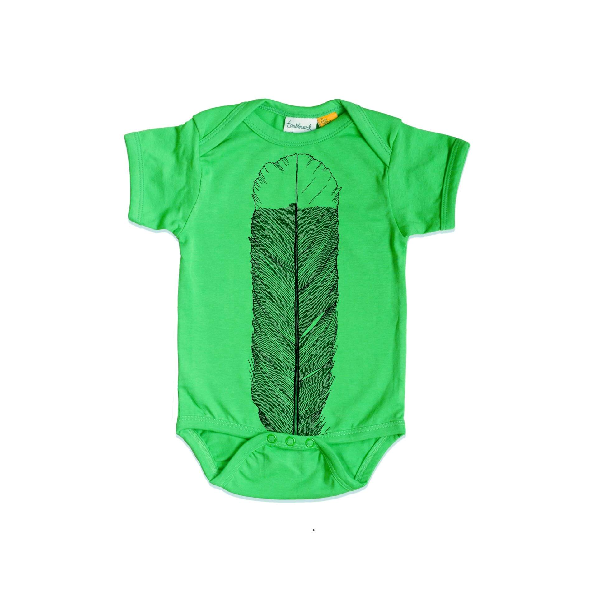 Short sleeved, green, organic cotton, baby onesie featuring a screen printed Huia Feather design.
 design.