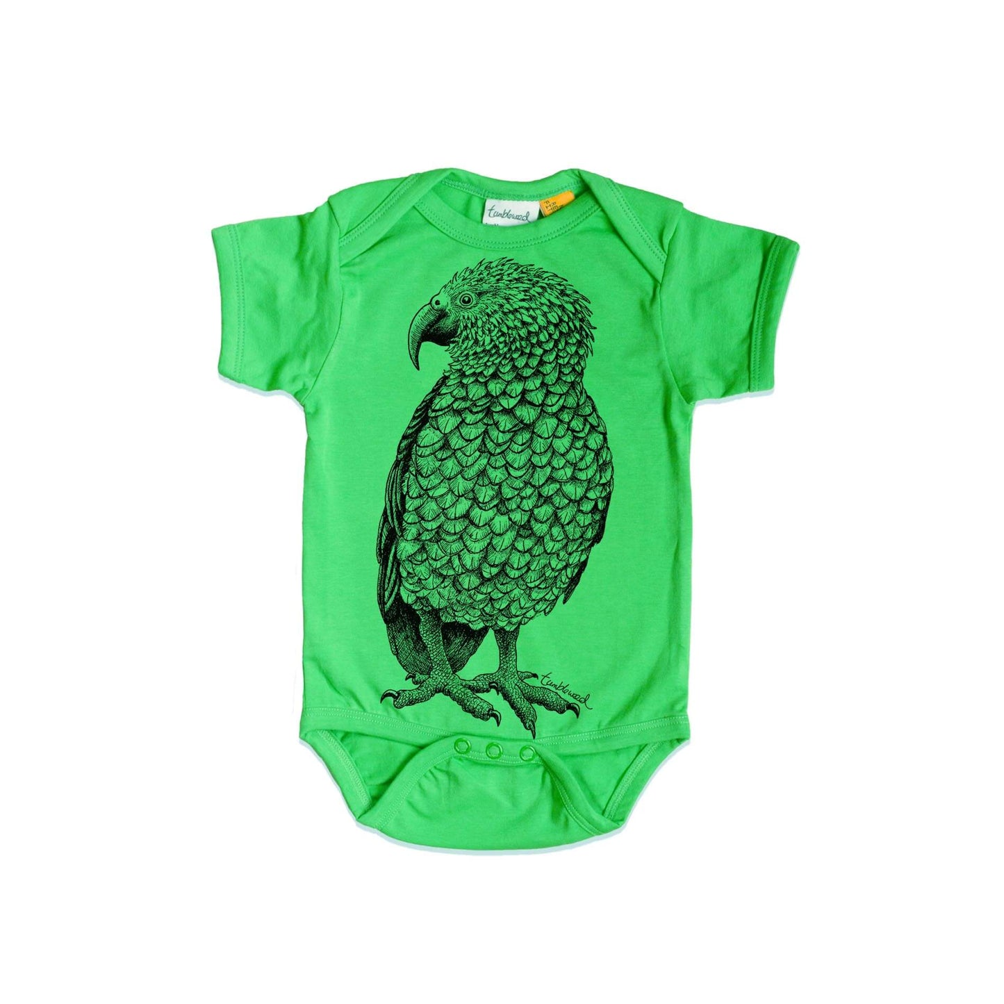 Short sleeved, green, organic cotton, baby onesie featuring a screen printed Kea design.