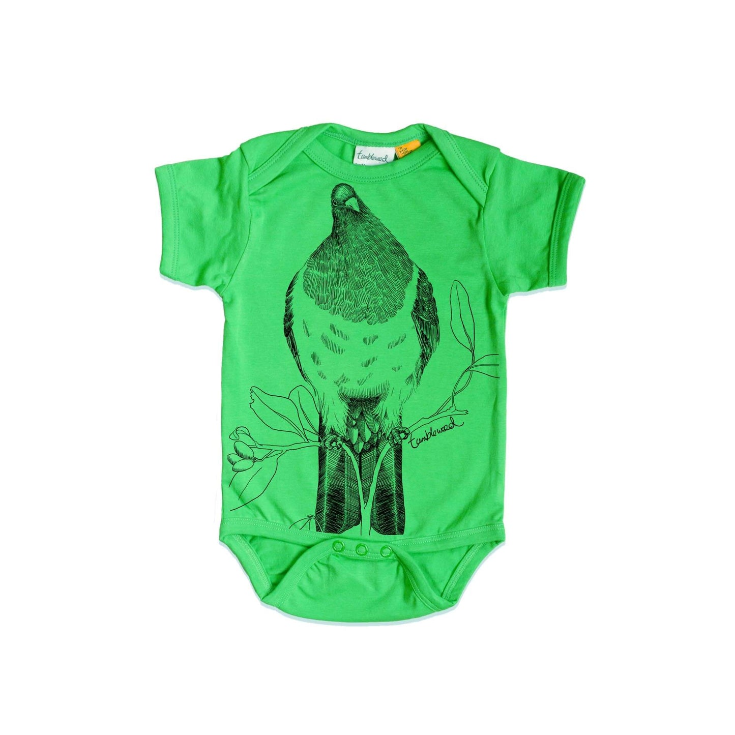Short sleeved, green, organic cotton, baby onesie featuring a screen printed Kereru design.