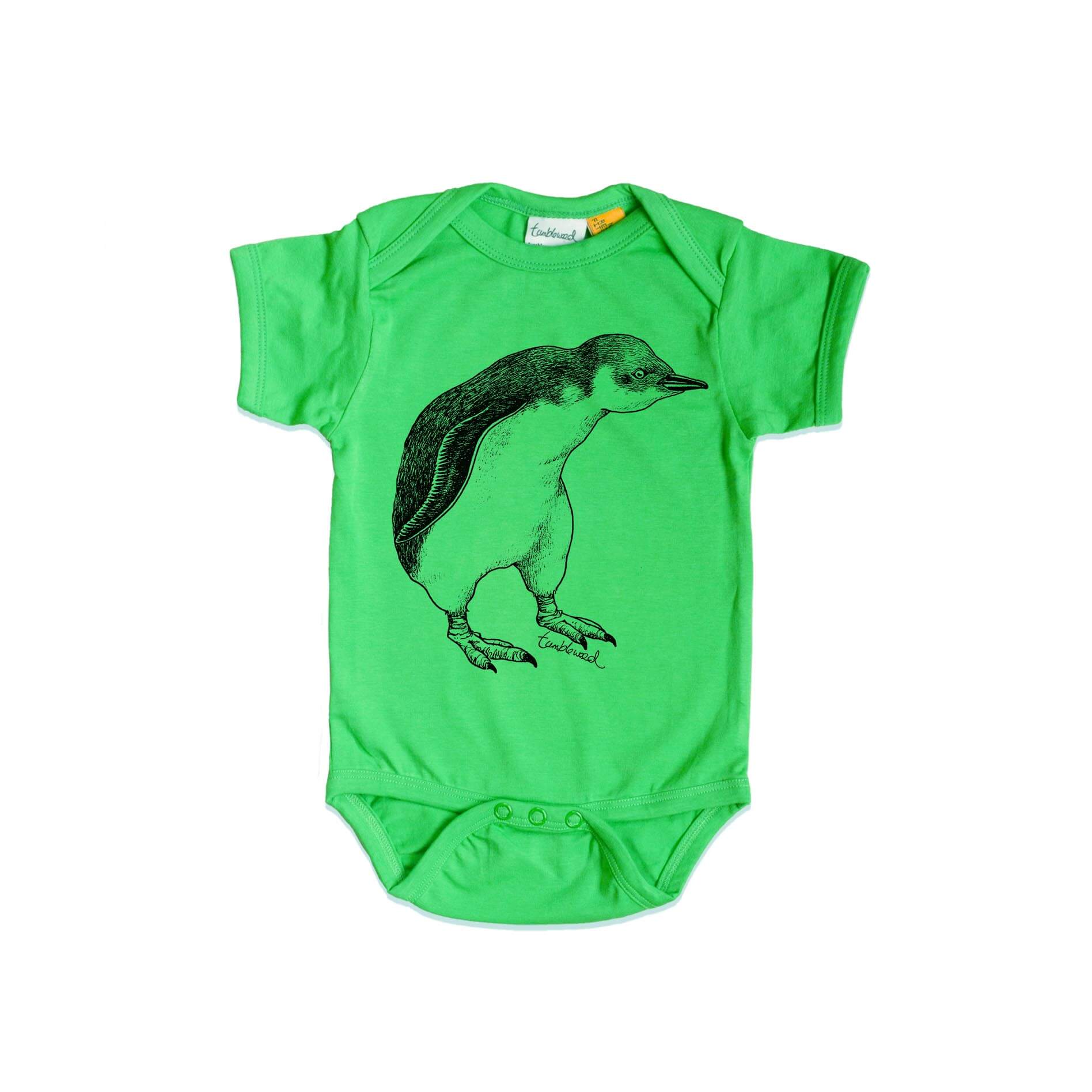 Short sleeved, green, organic cotton, baby onesie featuring a screen printed Little Blue Penguin design.
 design.