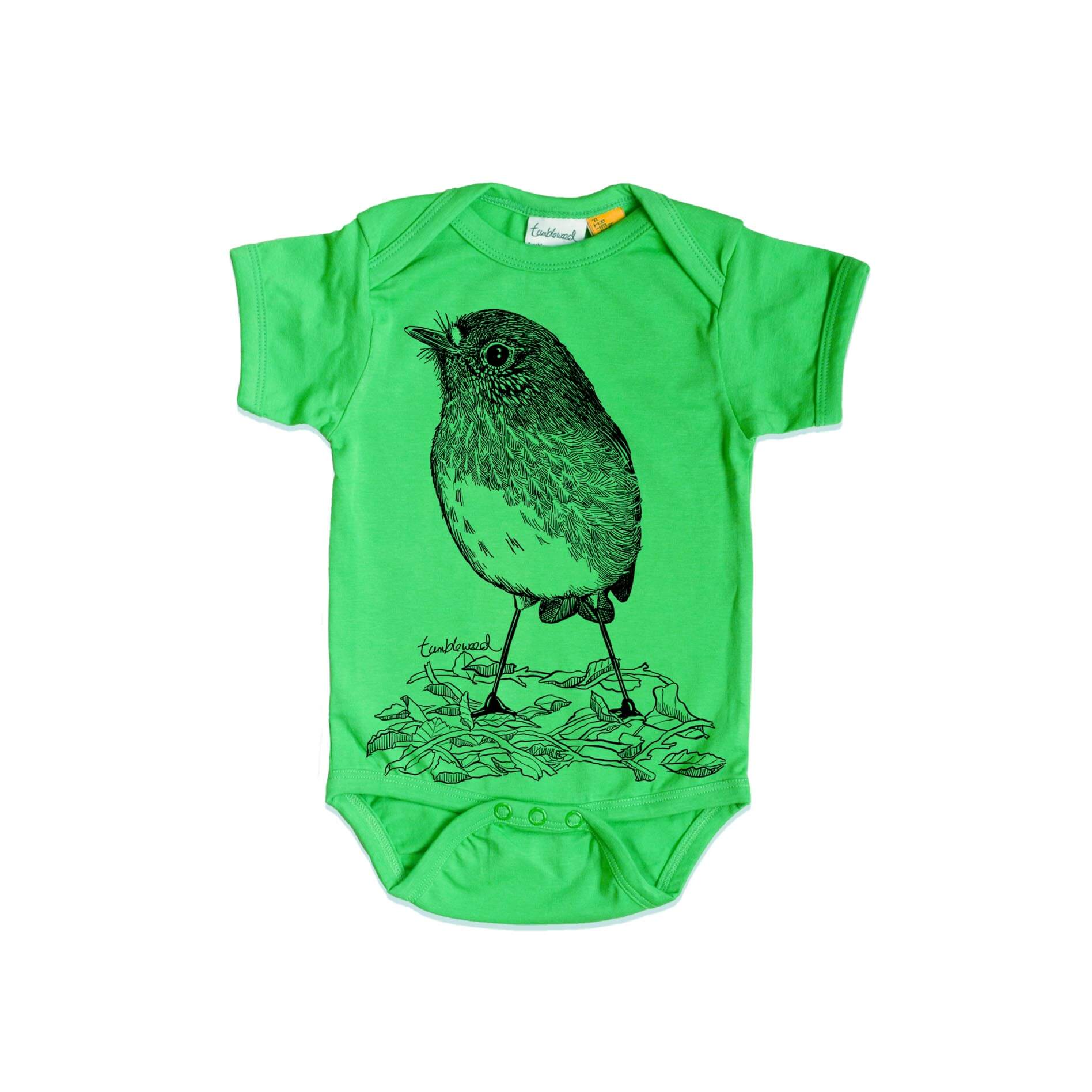 Short sleeved, green, organic cotton, baby onesie featuring a screen printed North Island Robin design.
 design.