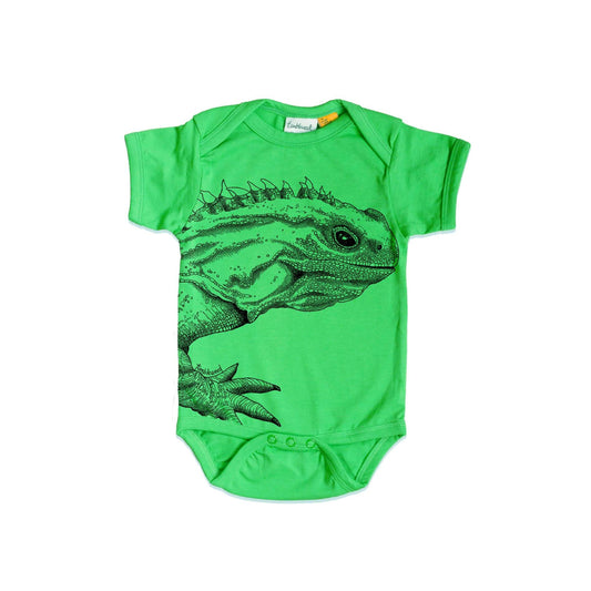 Short sleeved, green, organic cotton, baby onesie featuring a screen printed Tuatara design.
 design.