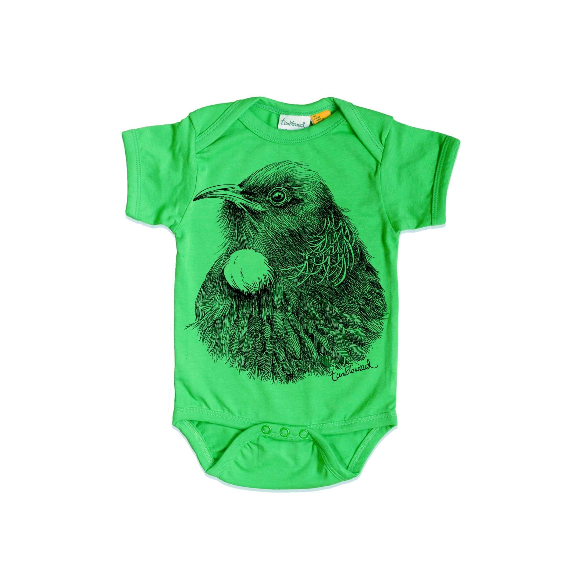Short sleeved, green, organic cotton, baby onesie featuring a screen printed Tui design.
 design.