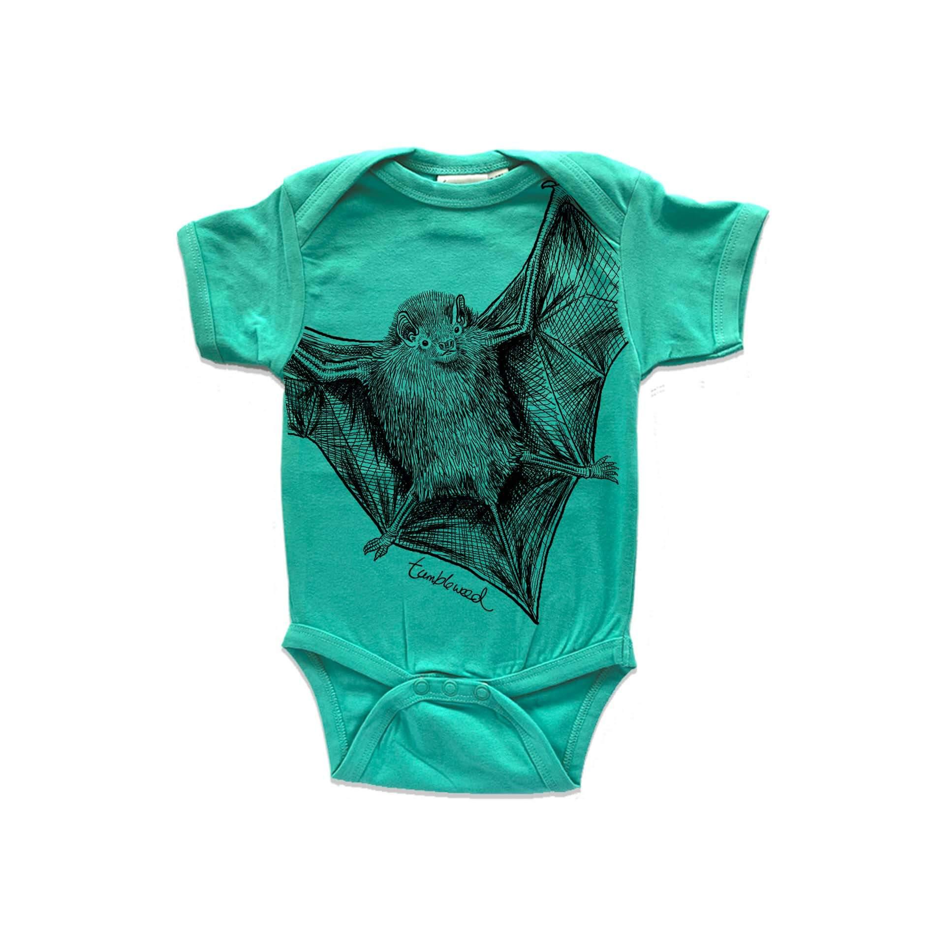 Short sleeved, marine, organic cotton, baby onesie featuring a screen printed bat/pekapeka design.
 design.