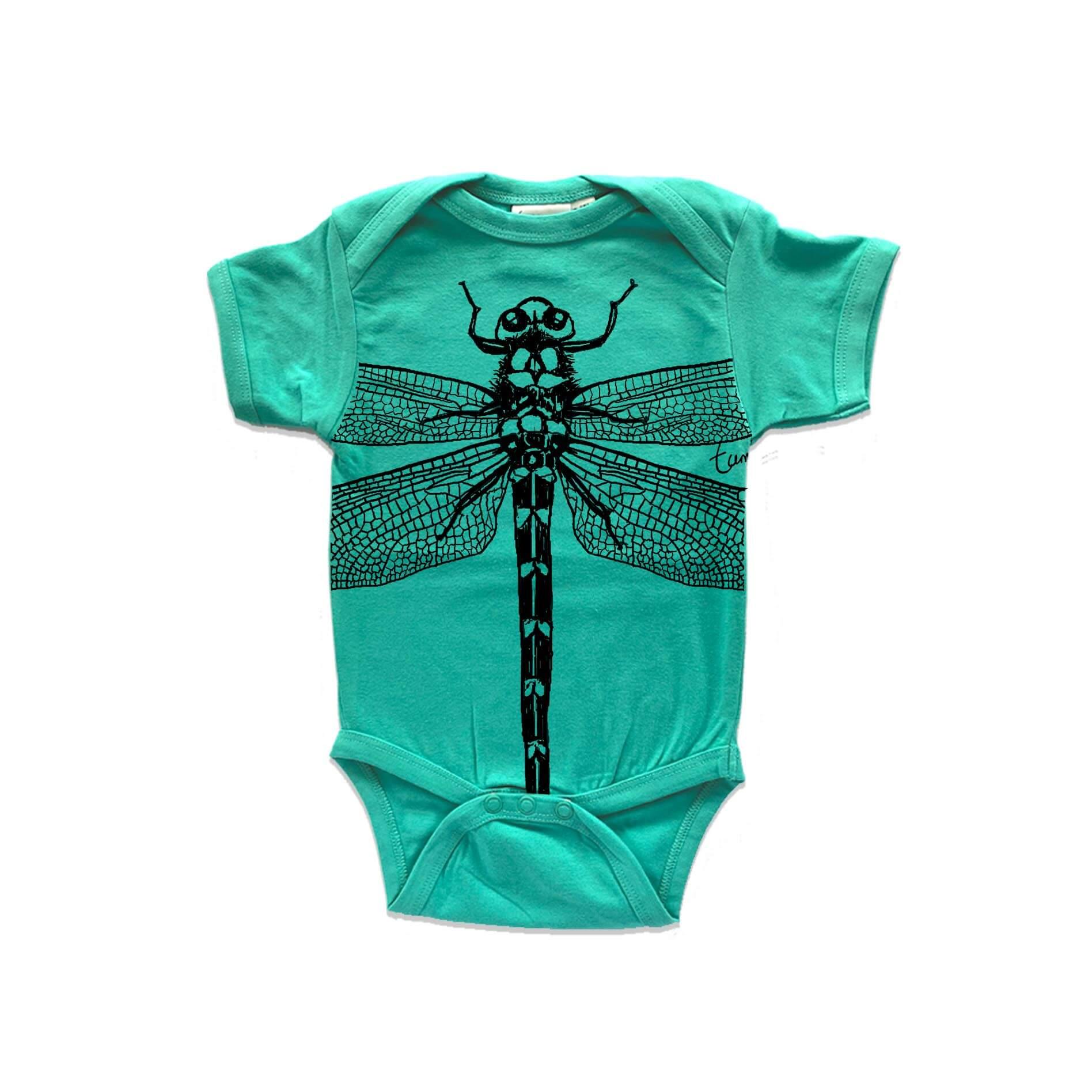 Short sleeved, marine, organic cotton, baby onesie featuring a screen printed Dragonfly design.
 design.