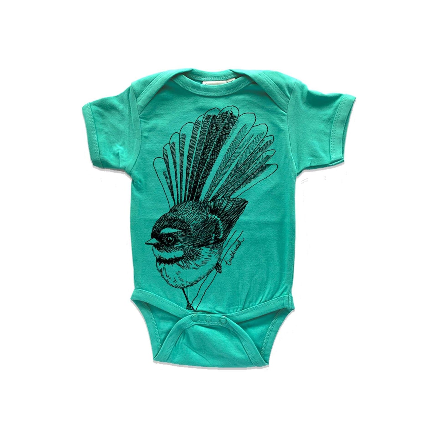Short sleeved, marine, organic cotton, baby onesie featuring a screen printed Fantail/Pīwakawaka design.
 design.
