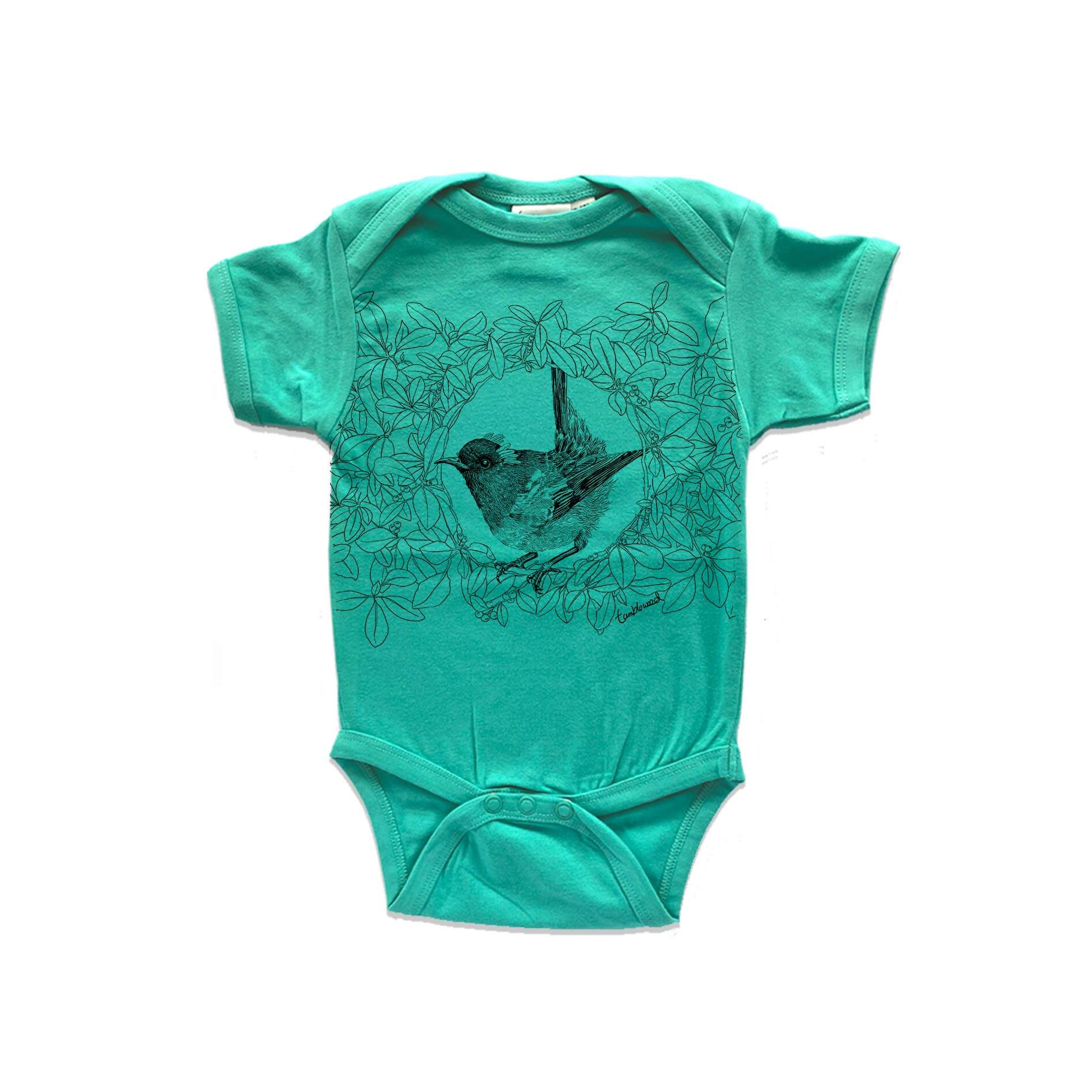 Short sleeved, marine, organic cotton, baby onesie featuring a screen printed Hihi/Stitchbird design.
 design.
