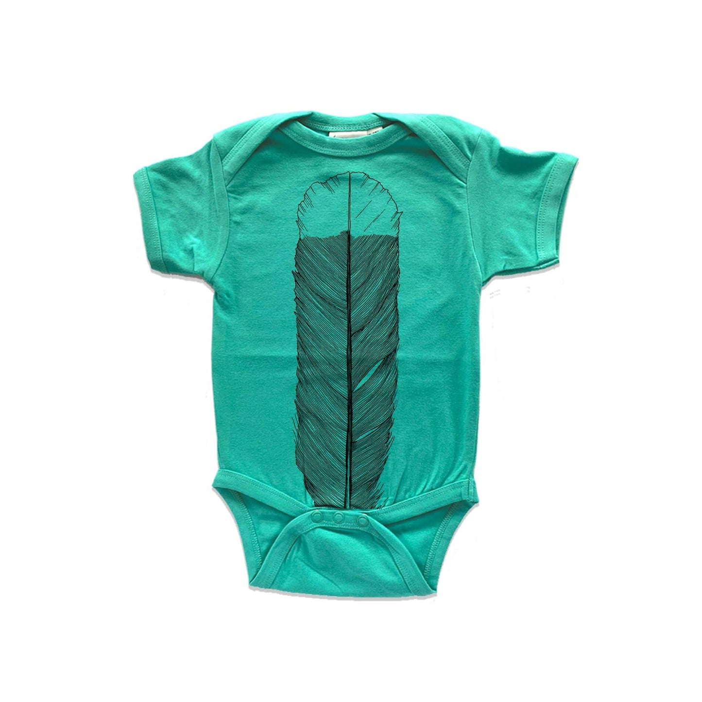 Short sleeved, marine, organic cotton, baby onesie featuring a screen printed Huia Feather design.
 design.