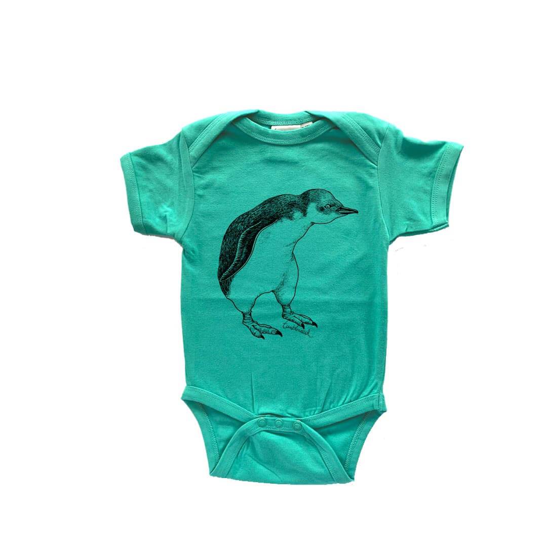 Short sleeved, marine, organic cotton, baby onesie featuring a screen printed Little Blue Penguin design.
 design.