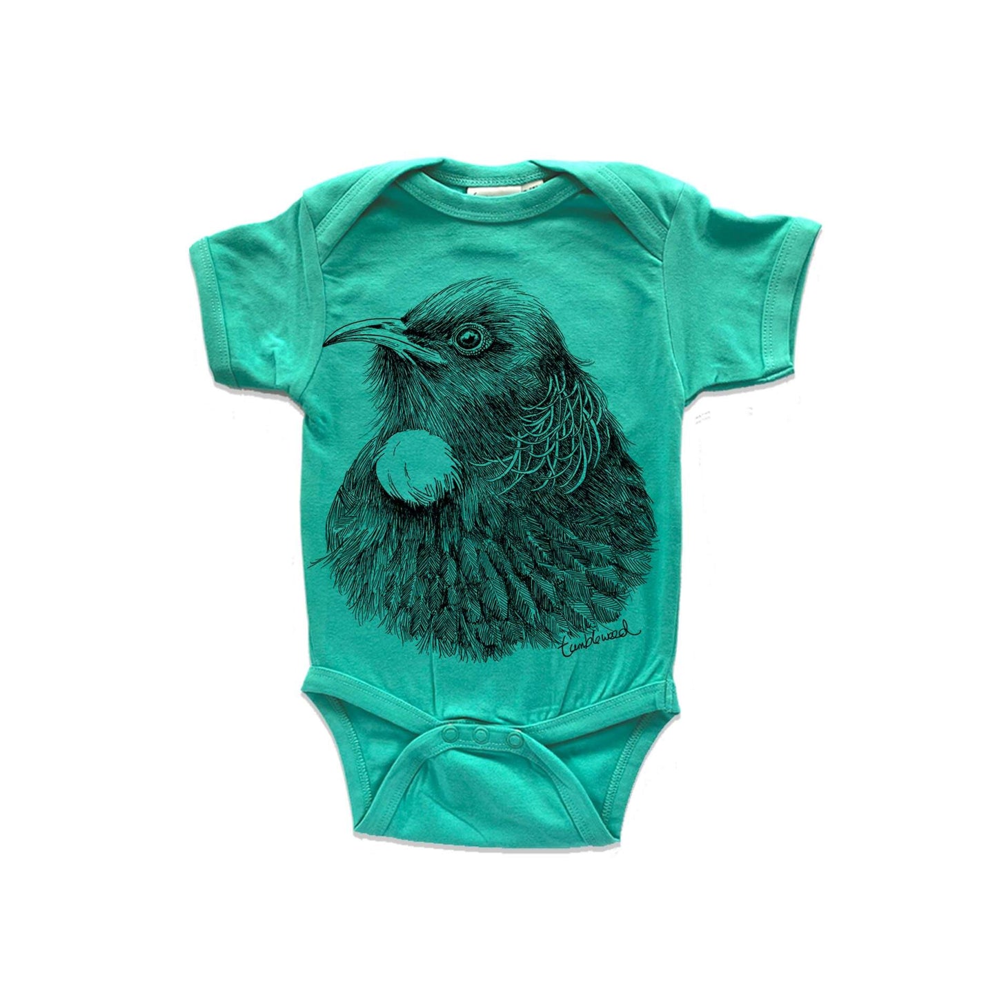 Short sleeved, marine, organic cotton, baby onesie featuring a screen printed Tui design.