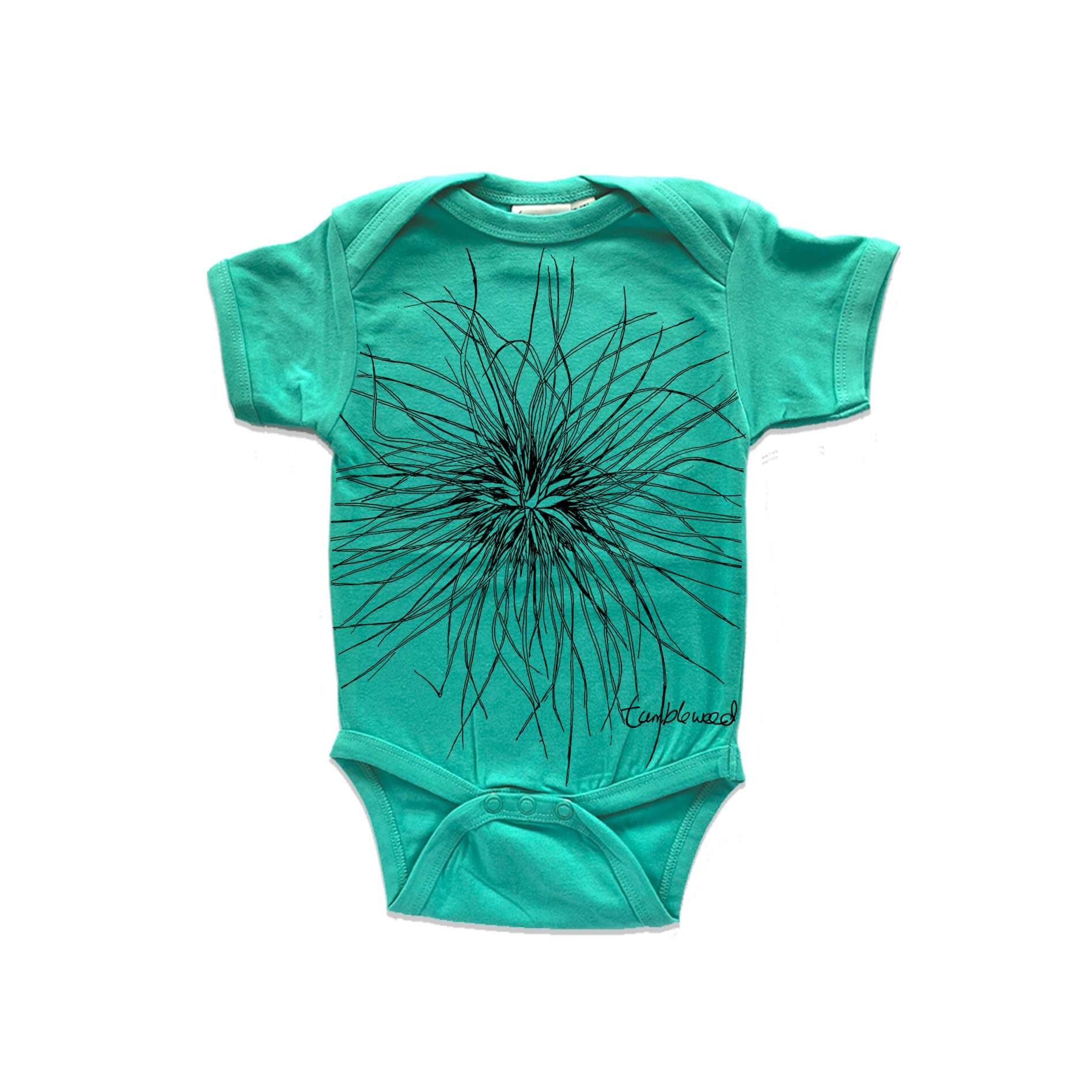 Short sleeved, marine, organic cotton, baby onesie featuring a screen printed Tumbleweed/Spinifex design.
 design.