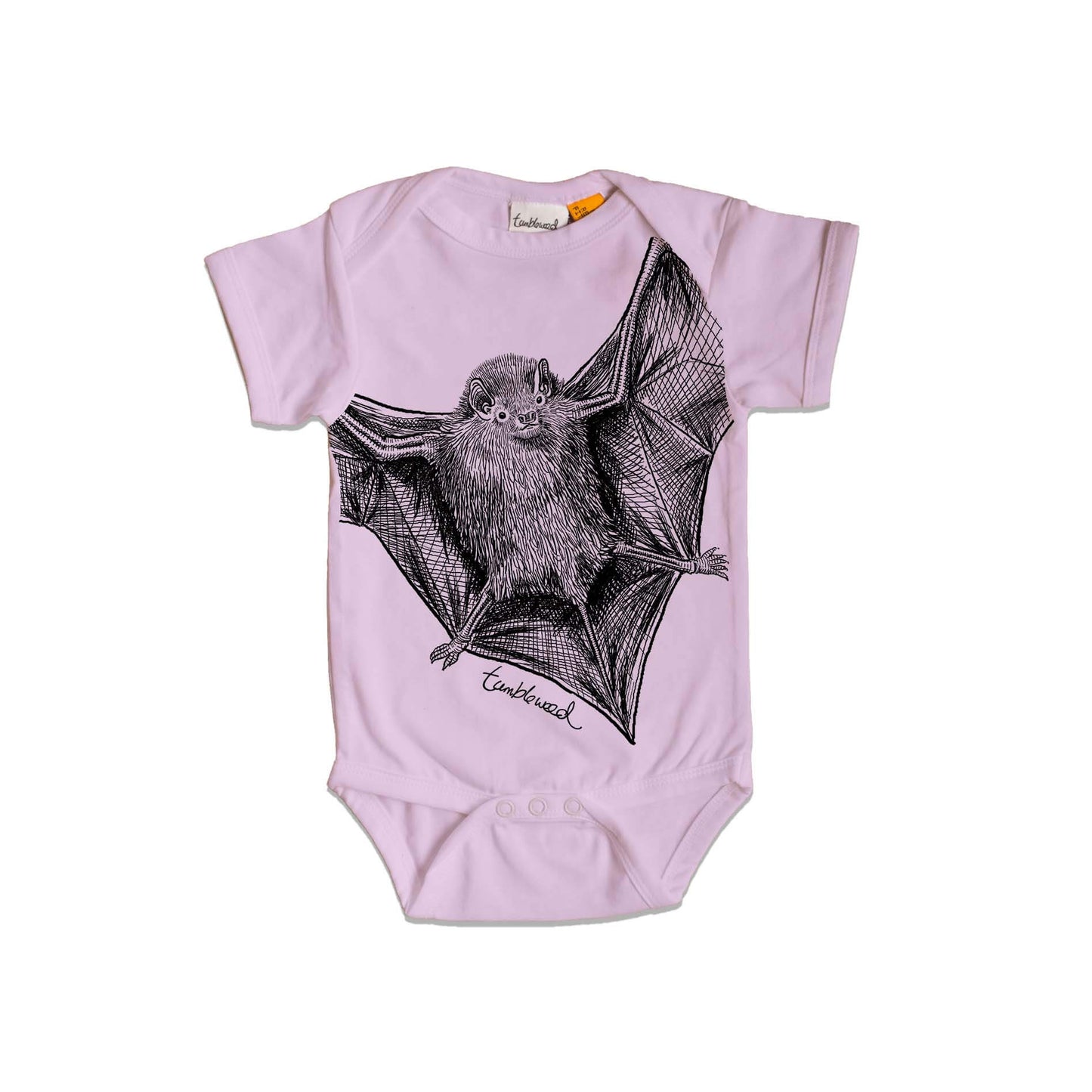 Short sleeved, purple, organic cotton, baby onesie featuring a screen printed bat/pekapeka design.
 design.