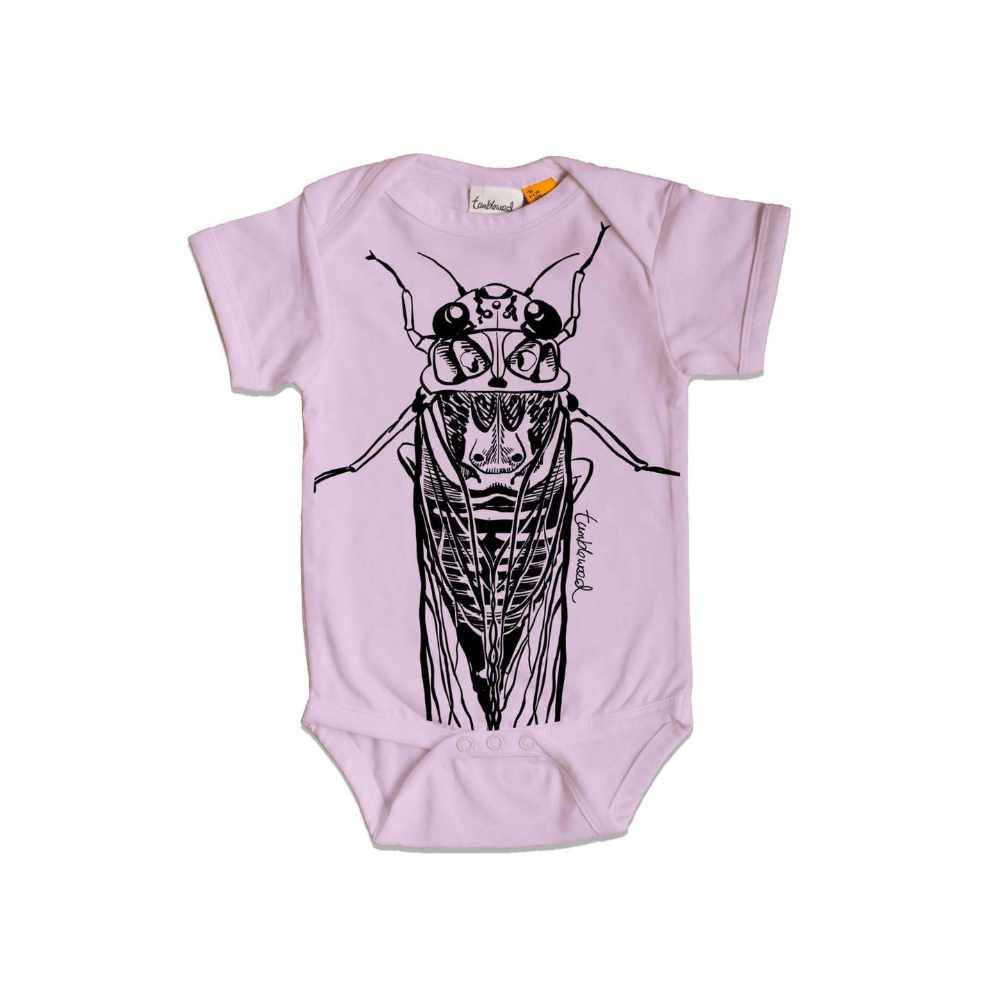 Short sleeved, purple, organic cotton, baby onesie featuring a screen printed Cicada design.
 design.