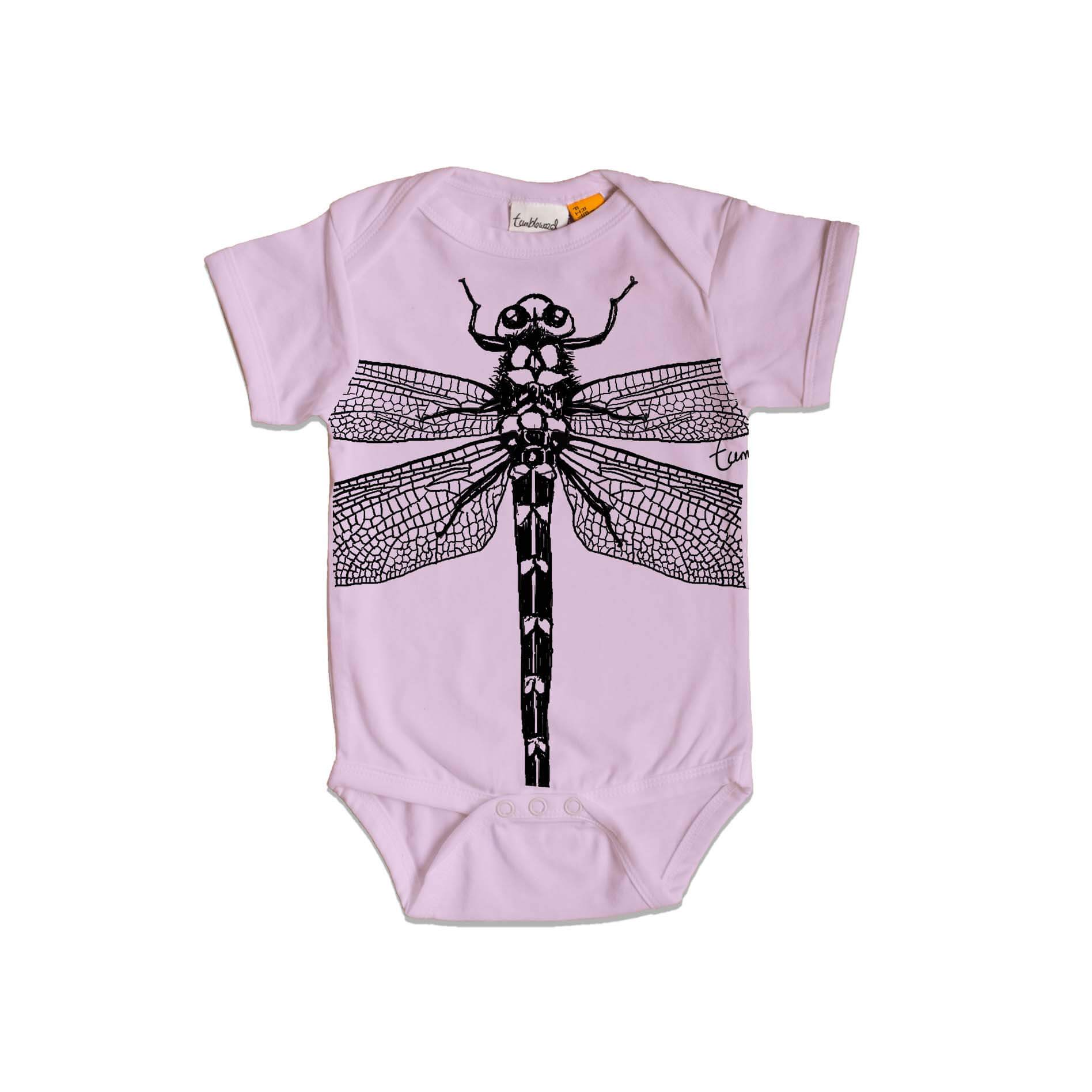 Short sleeved, purple, organic cotton, baby onesie featuring a screen printed Dragonfly design.
 design.