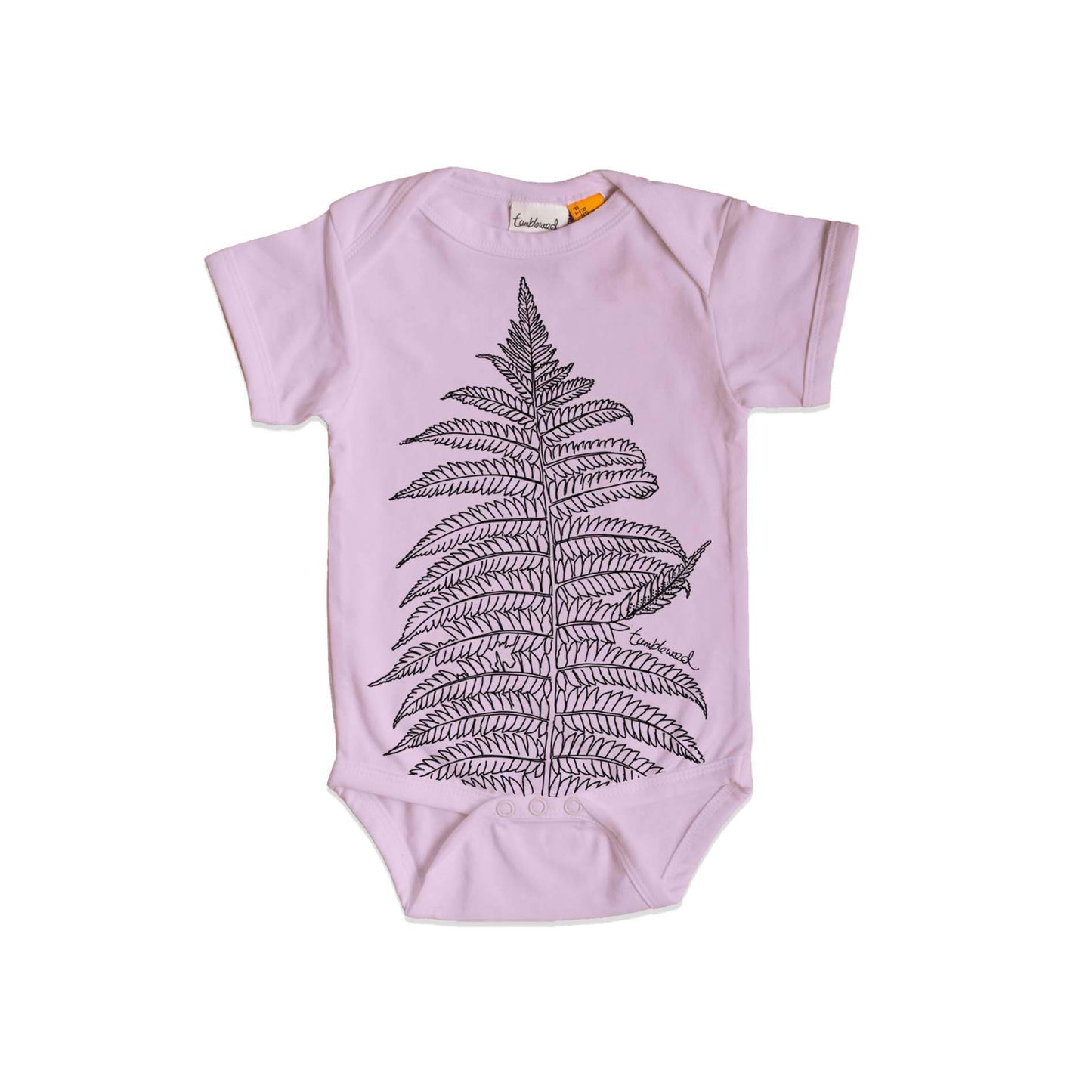 Short sleeved, purple, organic cotton, baby onesie featuring a screen printed Silver fern/ponga design.
 design.