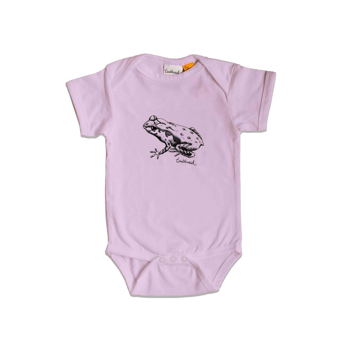 Short sleeved, purple, organic cotton, baby onesie featuring a screen printed Archey's Frog design.
 design.