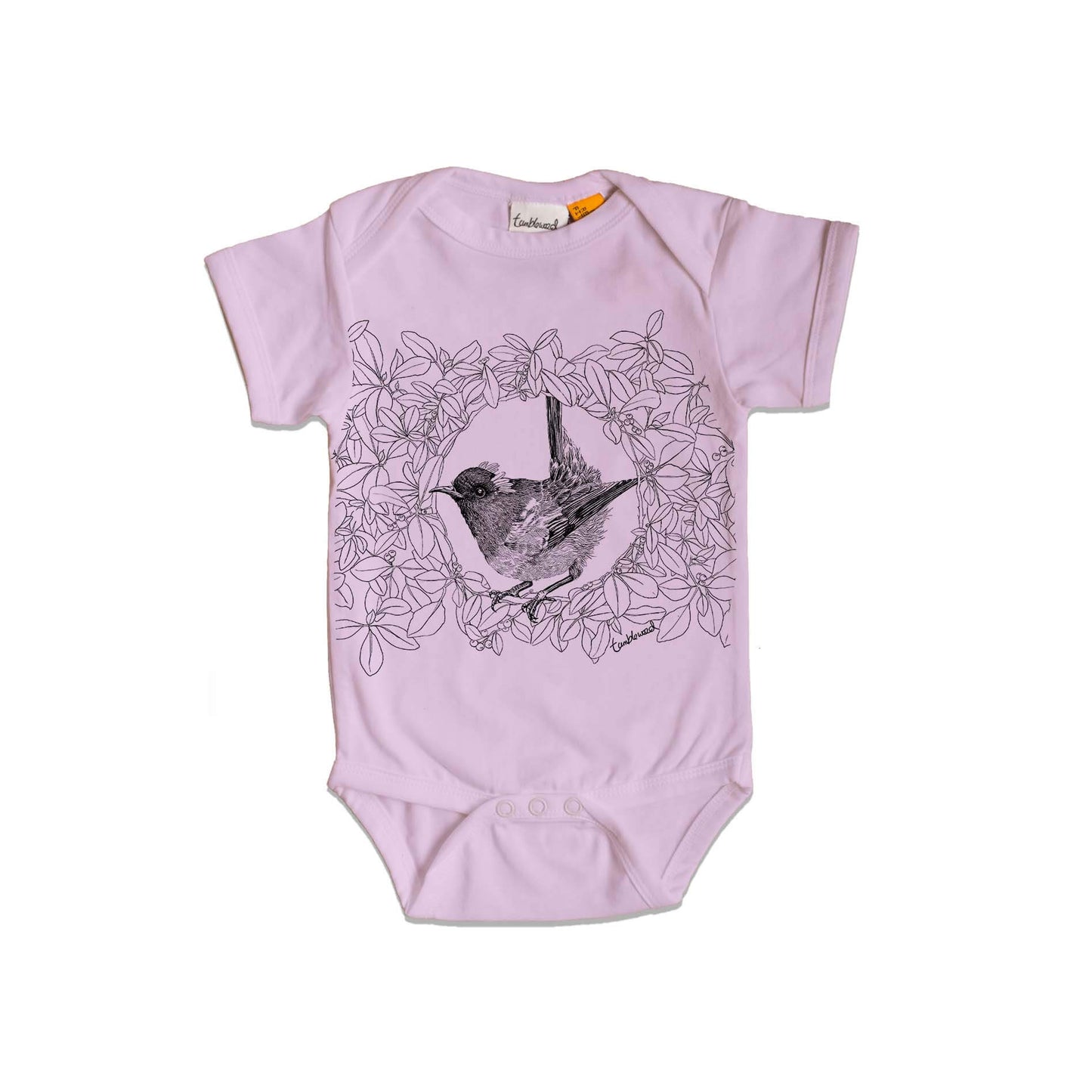 Short sleeved, purple, organic cotton, baby onesie featuring a screen printed Hihi/Stitchbird design.
 design.