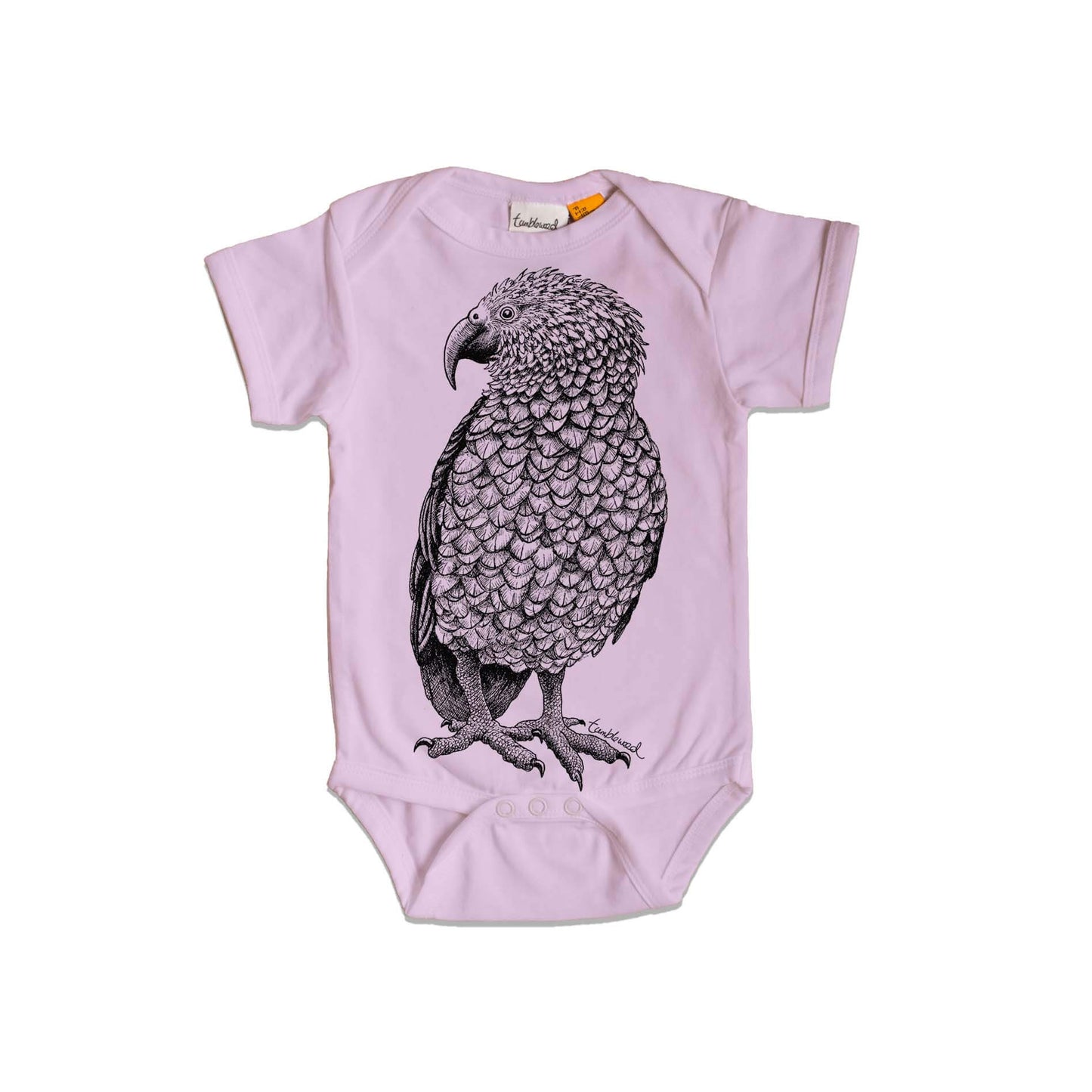Short sleeved, purple, organic cotton, baby onesie featuring a screen printed Kea design.
