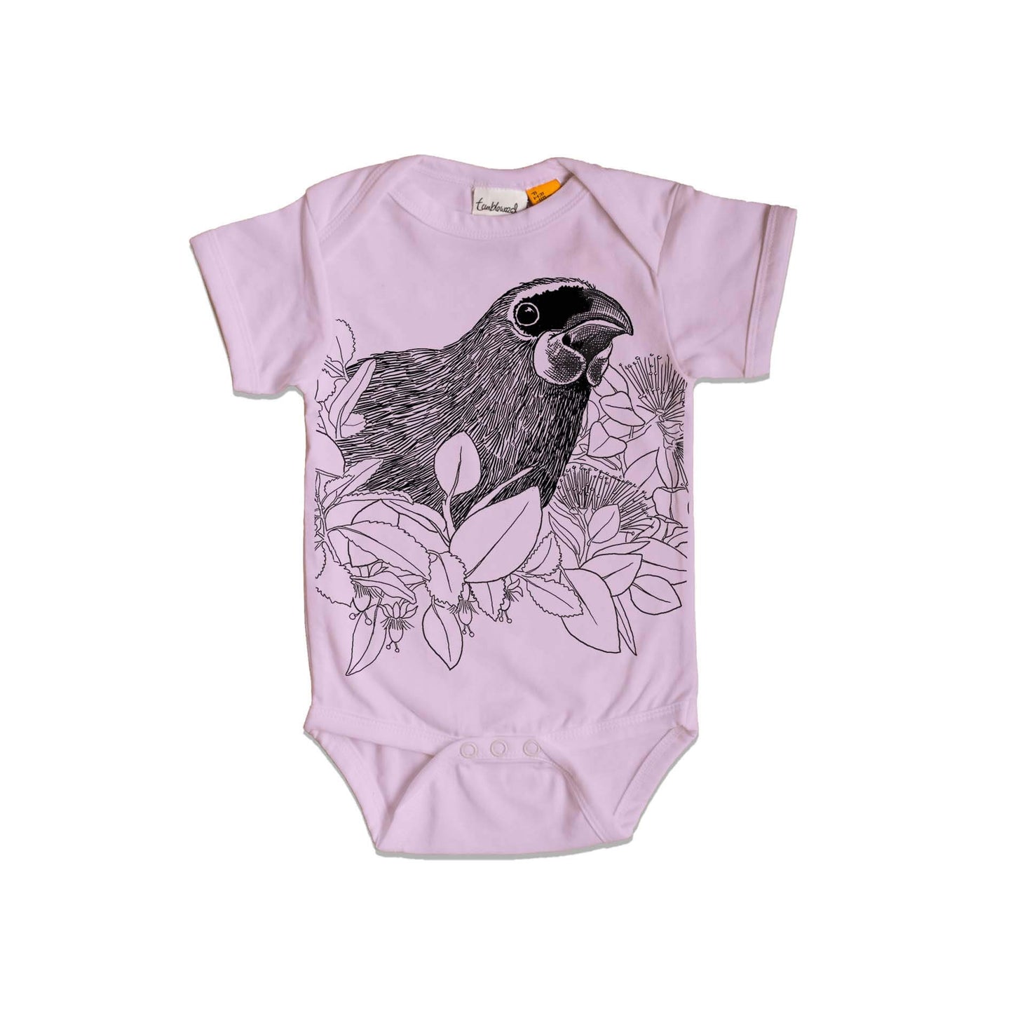 Short sleeved, purple, organic cotton, baby onesie featuring a screen printed Kokako design.
 design.