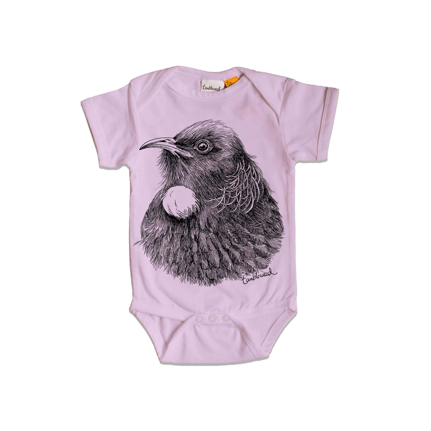 Short sleeved, purple, organic cotton, baby onesie featuring a screen printed Tui design.
 design.