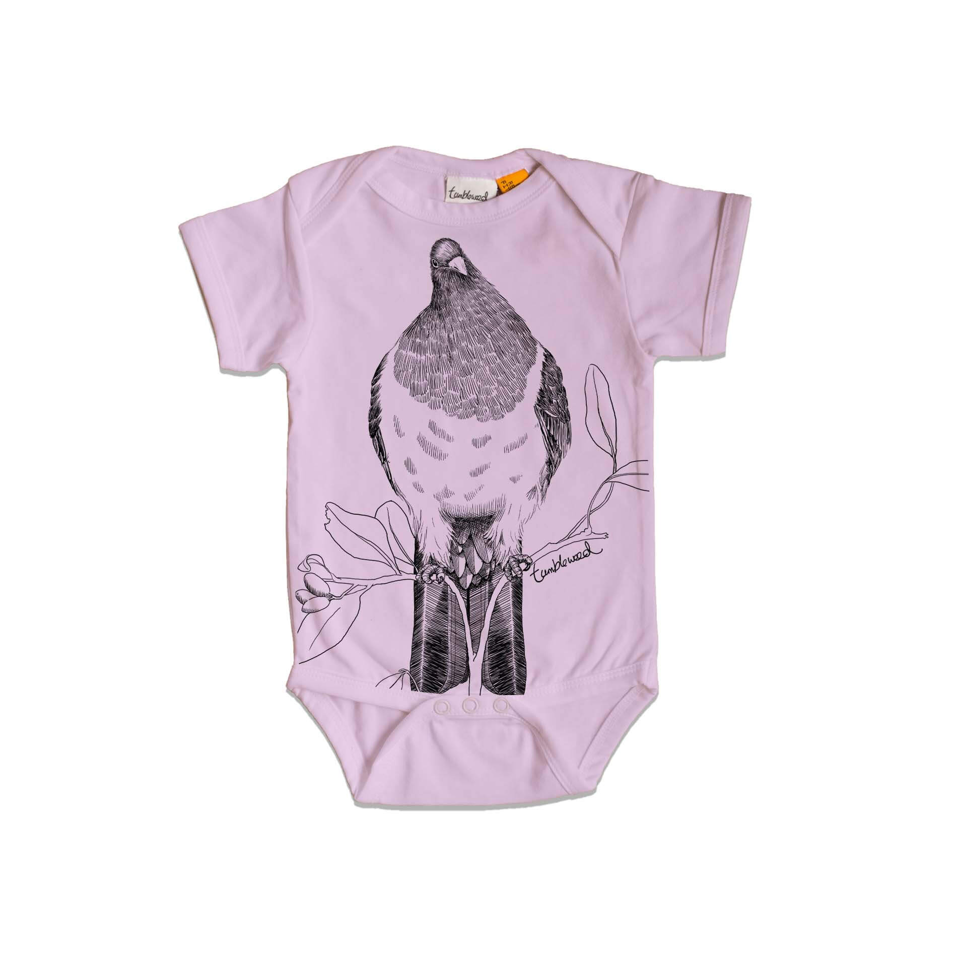 Short sleeved, purple, organic cotton, baby onesie featuring a screen printed Kereru design.