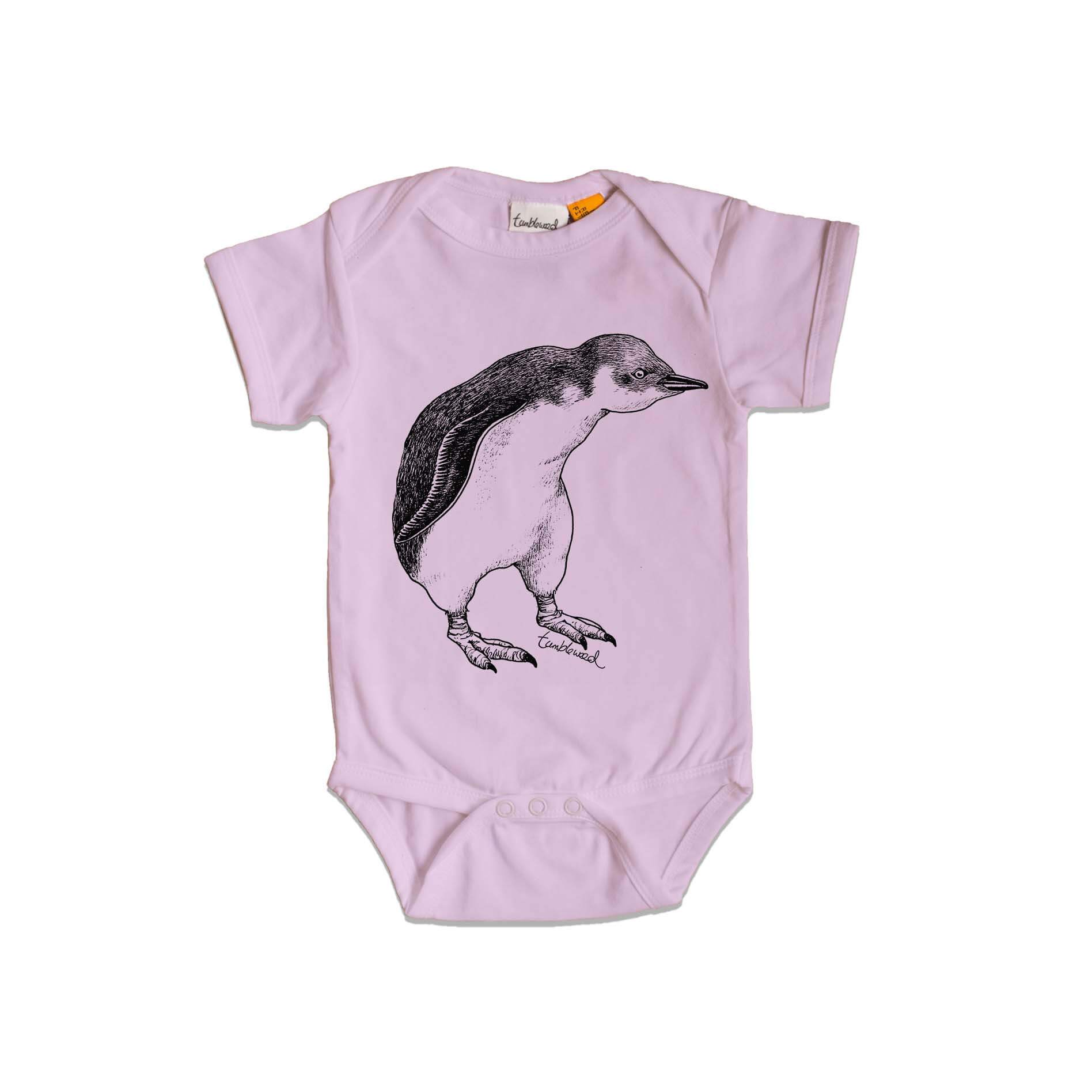Short sleeved, purple, organic cotton, baby onesie featuring a screen printed Little Blue Penguin design.
 design.