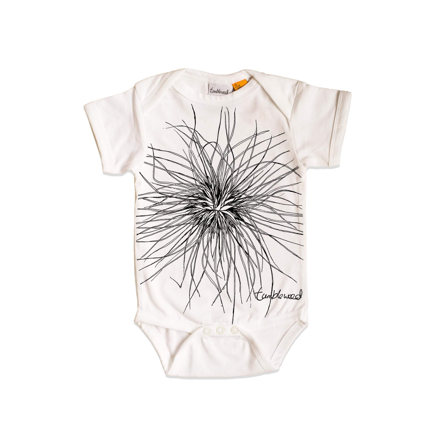 Short sleeved, white, organic cotton, baby onesie featuring a screen printed Tumbleweed/Spinifex design.