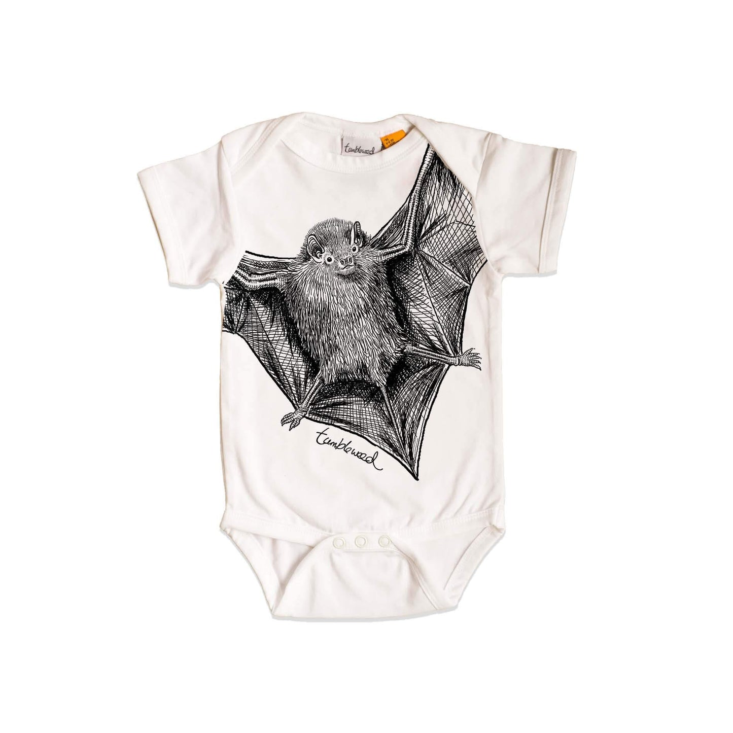 Short sleeved, white, organic cotton, baby onesie featuring a screen printed bat/pekapeka design.