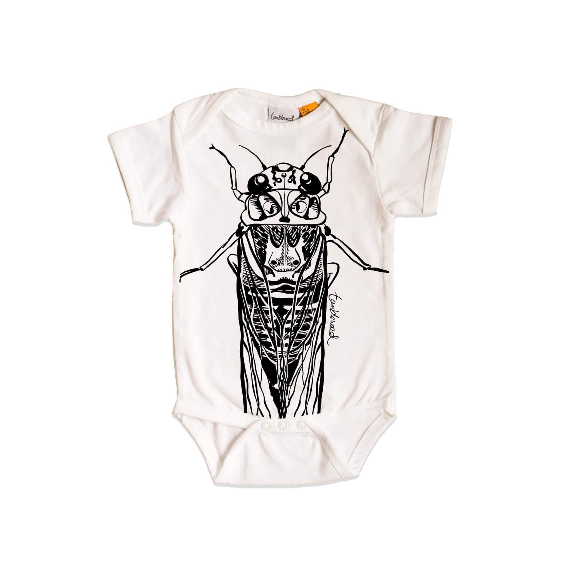 Short sleeved, white, organic cotton, baby onesie featuring a screen printed Cicada design.
