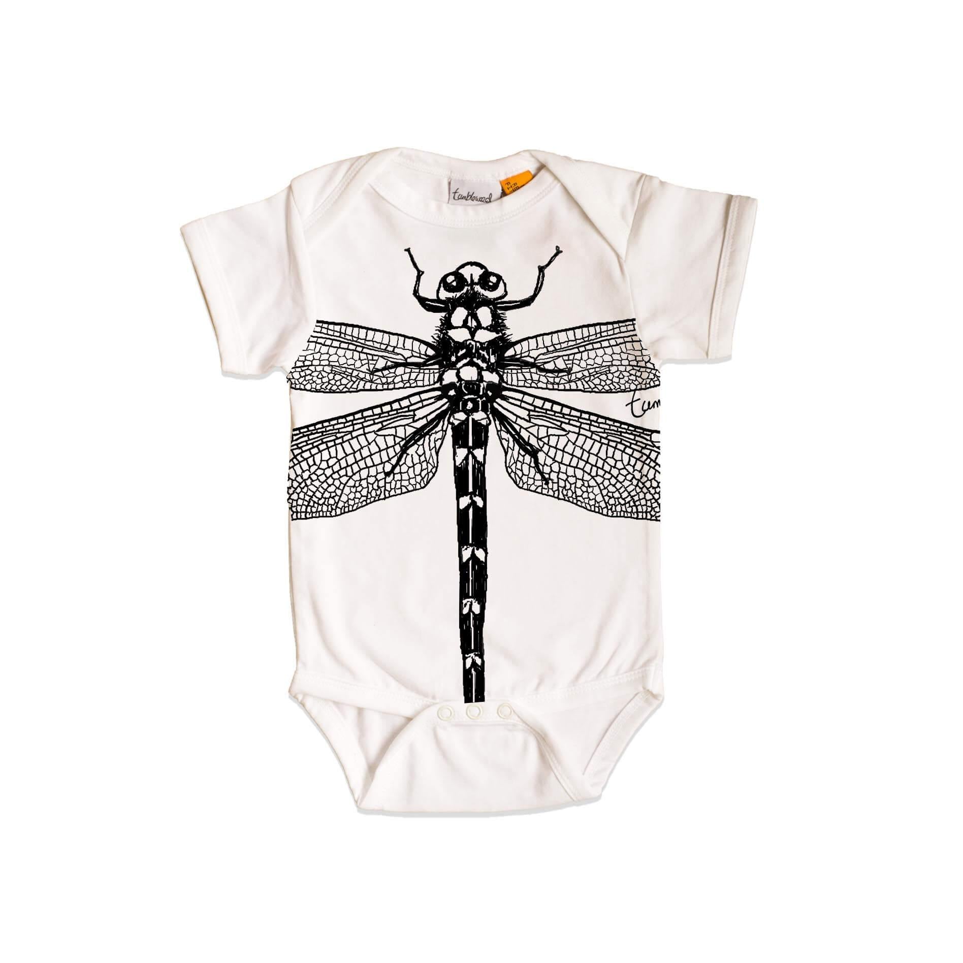 Short sleeved, white, organic cotton, baby onesie featuring a screen printed Dragonfly design.