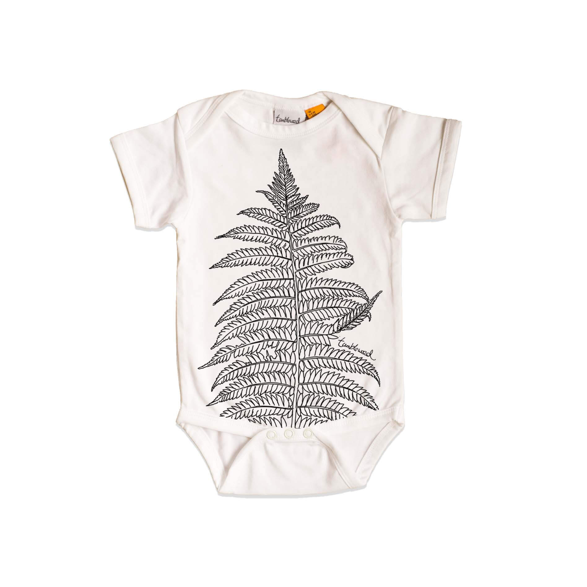Short sleeved, white, organic cotton, baby onesie featuring a screen printed Silver fern/ponga design.