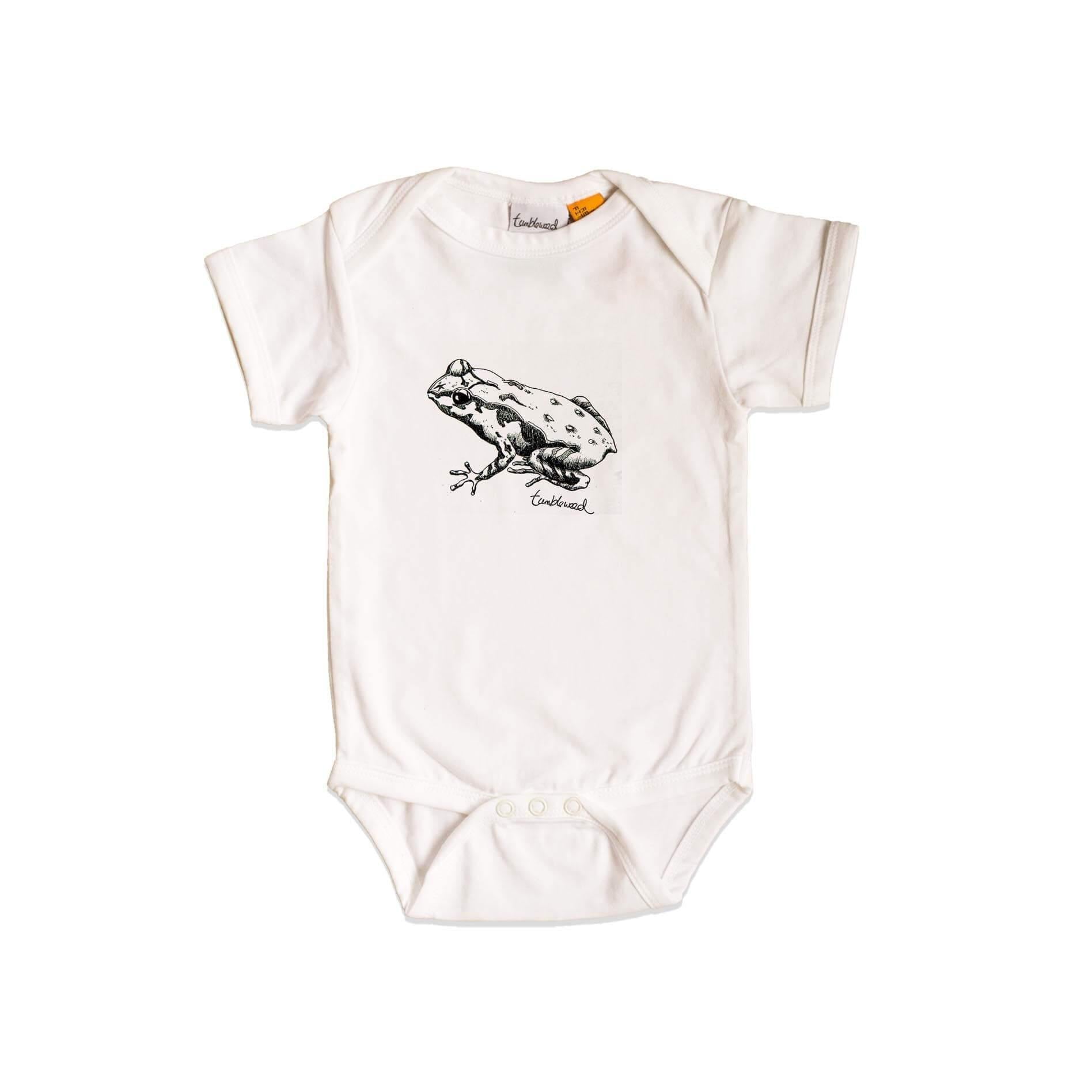 Short sleeved, white, organic cotton, baby onesie featuring a screen printed Archey's Frog design.