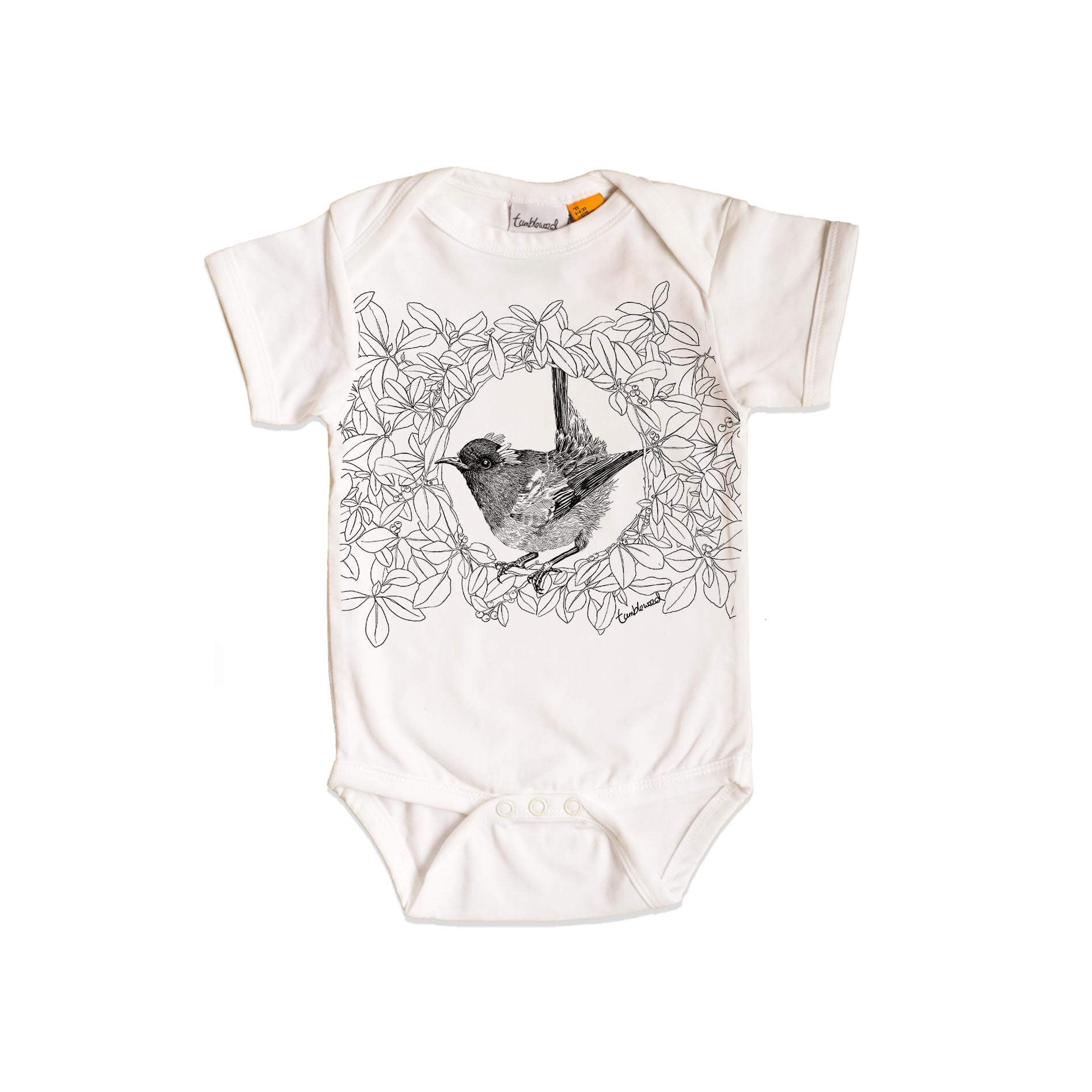 Short sleeved, white, organic cotton, baby onesie featuring a screen printed Hihi/Stitchbird design.