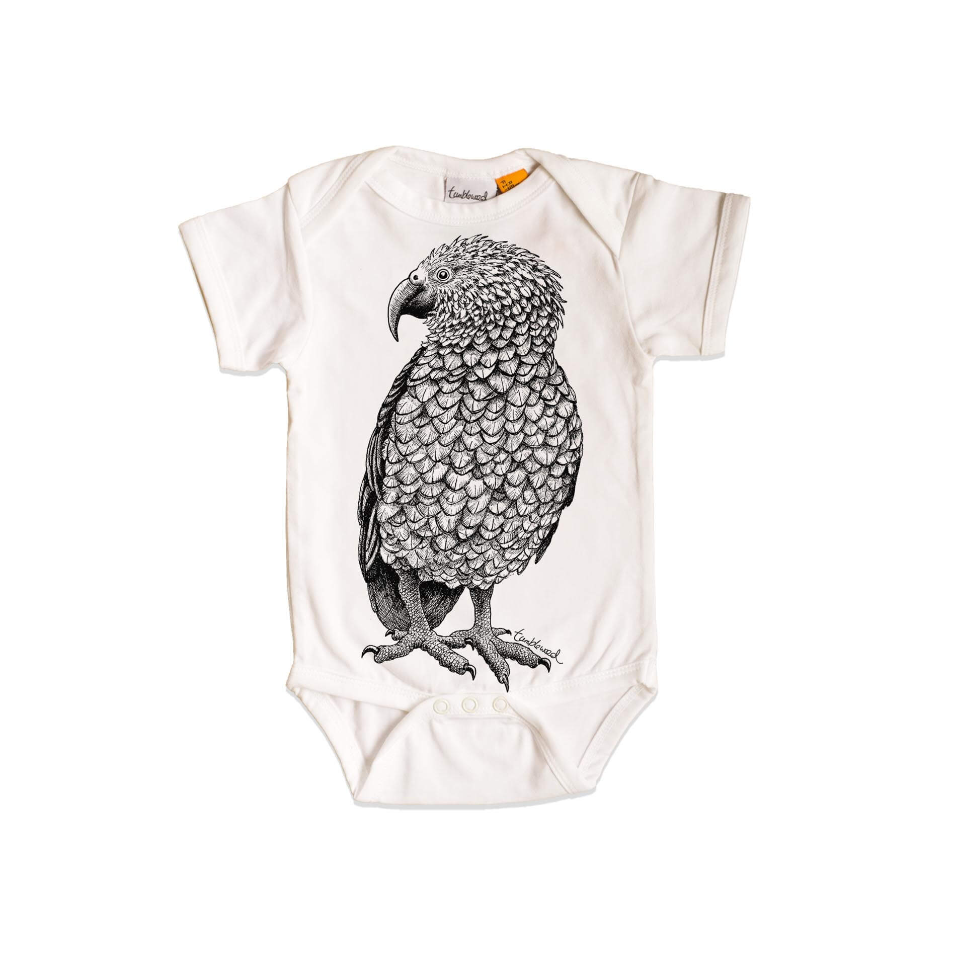 Short sleeved, white, organic cotton, baby onesie featuring a screen printed Kea design.
 design.