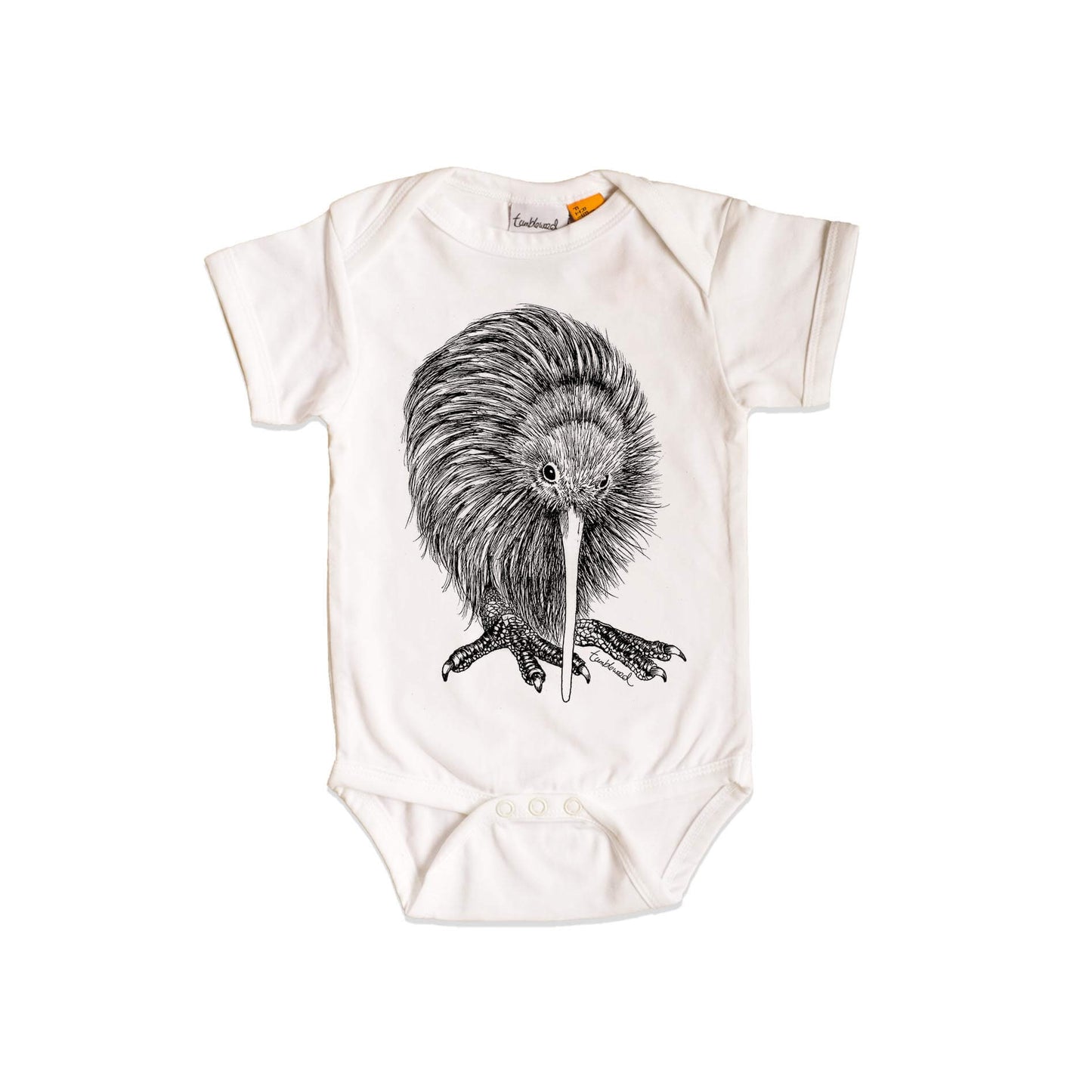 Short sleeved, white, organic cotton, baby onesie featuring a screen printed Kiwi design.